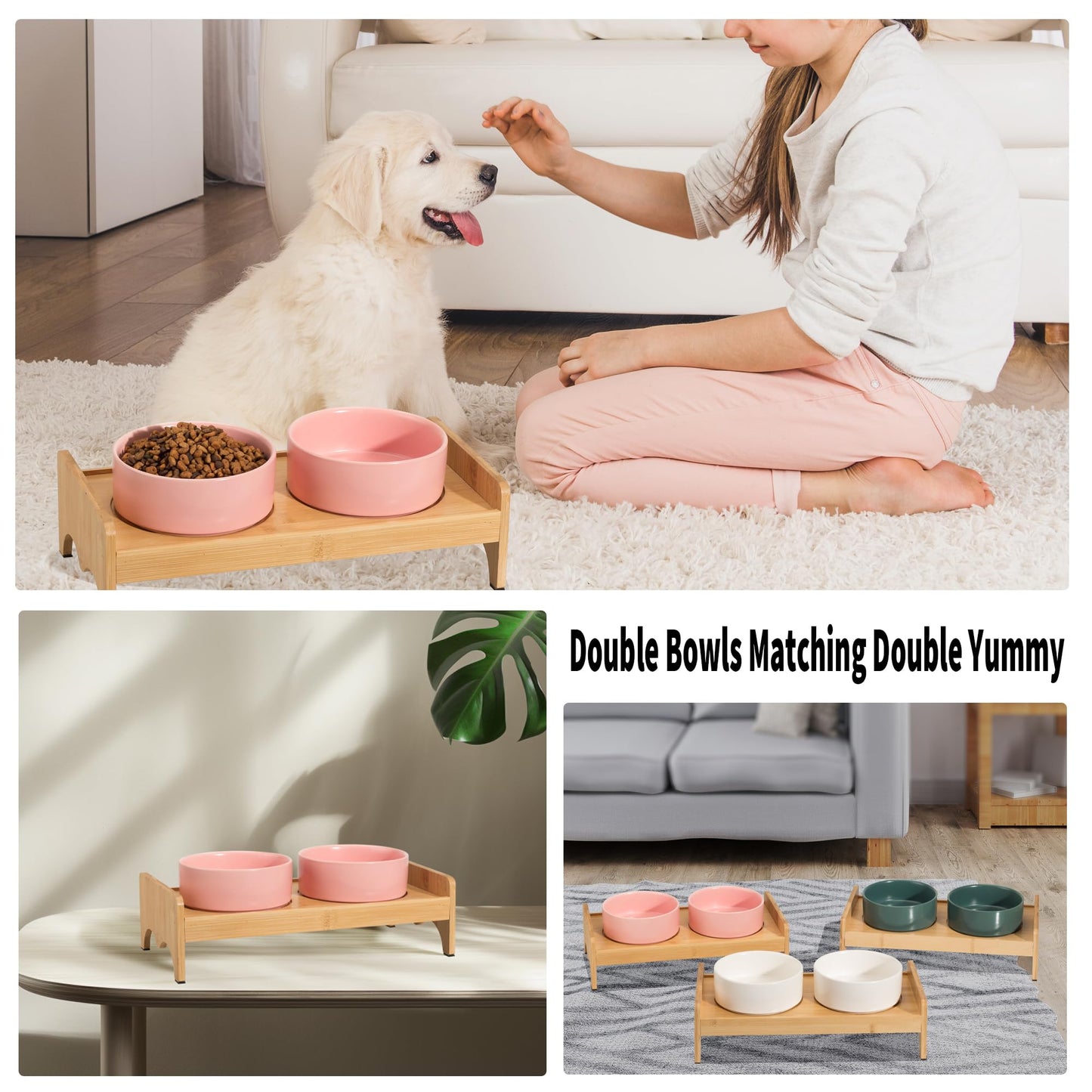 Elevated Ceramic Dog Bowl Set - Double Dog Bowls with Bamboo Stand Anti Vomiting - Raised Dog Food and Water Bowl Set - Small Dog Feeding Bowls - Pet Dishes for Cats and Puppies - 16.23 OZ - 2 Cups