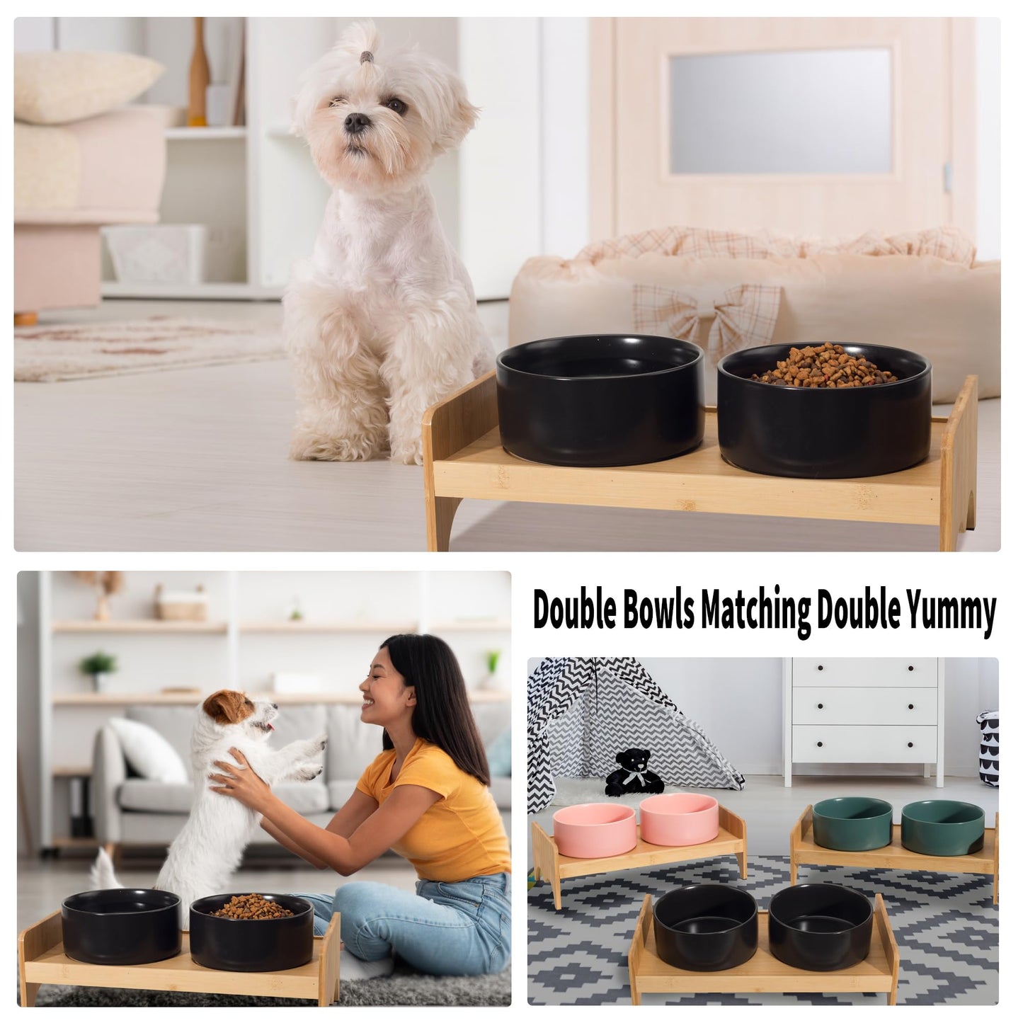 Elevated Ceramic Dog Bowl Set - Double Dog Bowls with Bamboo Stand Anti Vomiting - Raised Dog Food and Water Bowl Set - Small Dog Feeding Bowls - Pet Dishes for Cats and Puppies - 16.23 OZ - 2 Cups