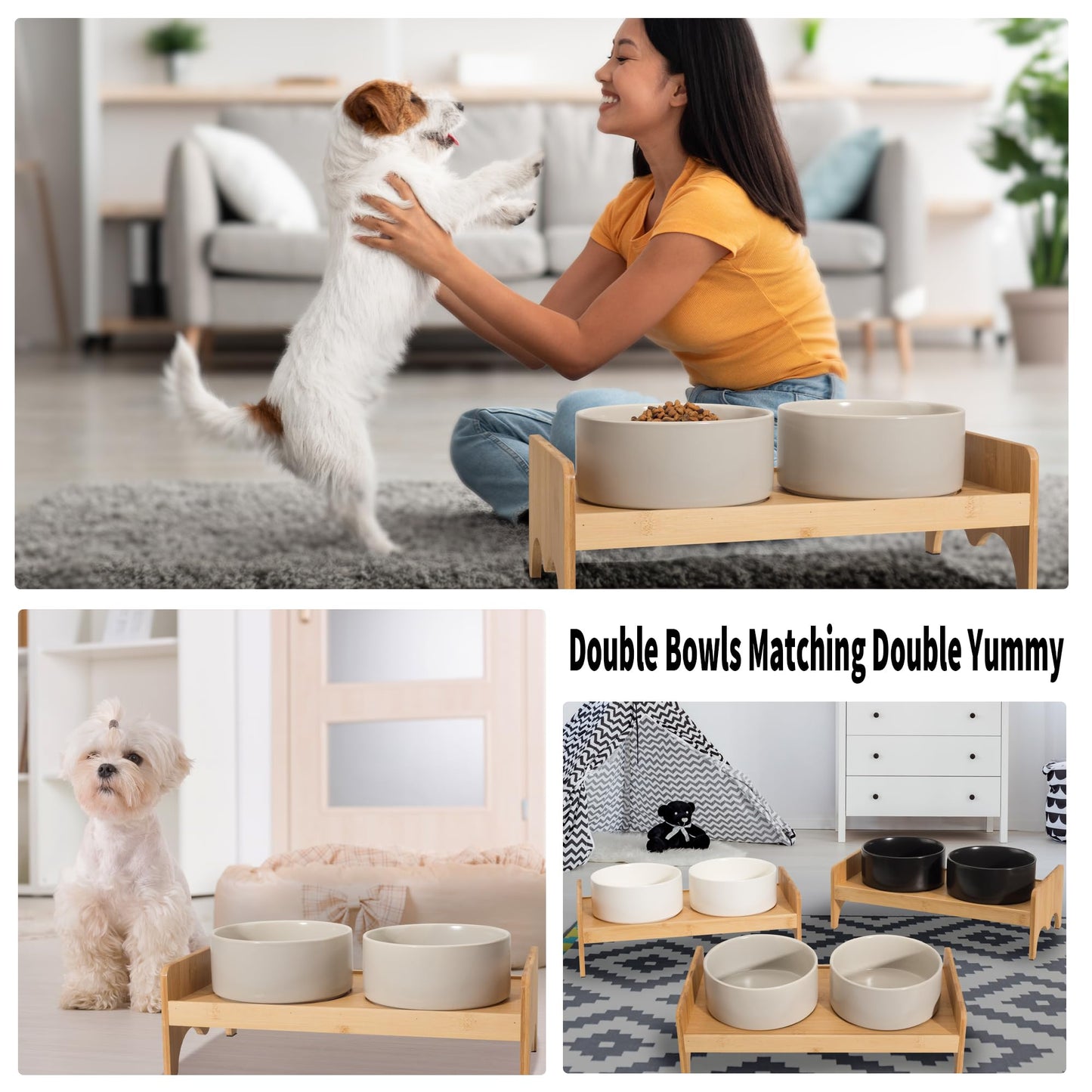 Elevated Ceramic Dog Bowl Set - Double Dog Bowls with Bamboo Stand Anti Vomiting - Raised Dog Food and Water Bowl Set - Small Dog Feeding Bowls - Pet Dishes for Cats and Puppies - 16.23 OZ - 2 Cups