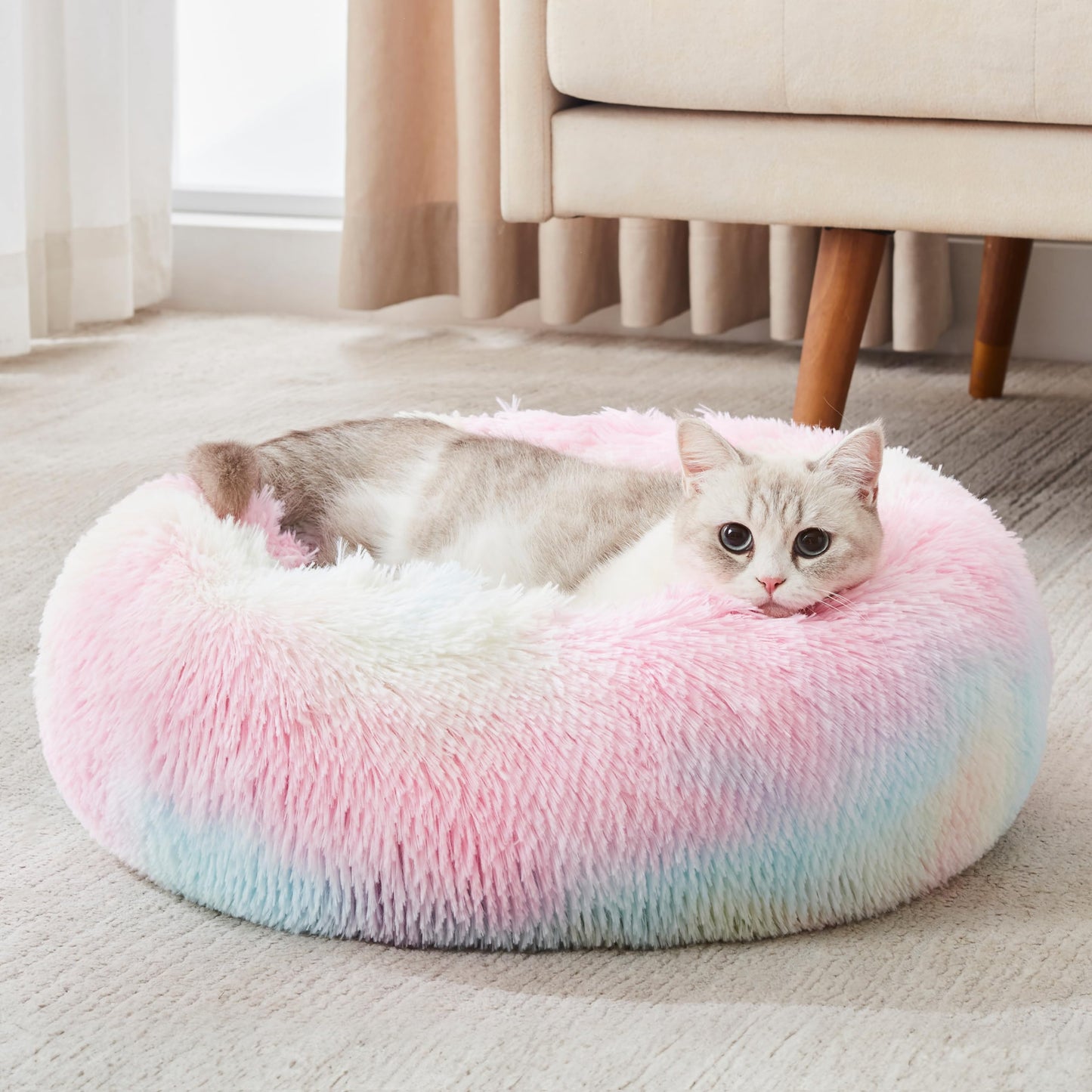 WESTERN HOME WH Calming Dog & Cat Bed, Anti-Anxiety Donut Cuddler Warming Cozy Soft Round Bed, Fluffy Faux Fur Plush Cushion Bed for Small Medium Dogs and Cats (20"/24"/27"/30")