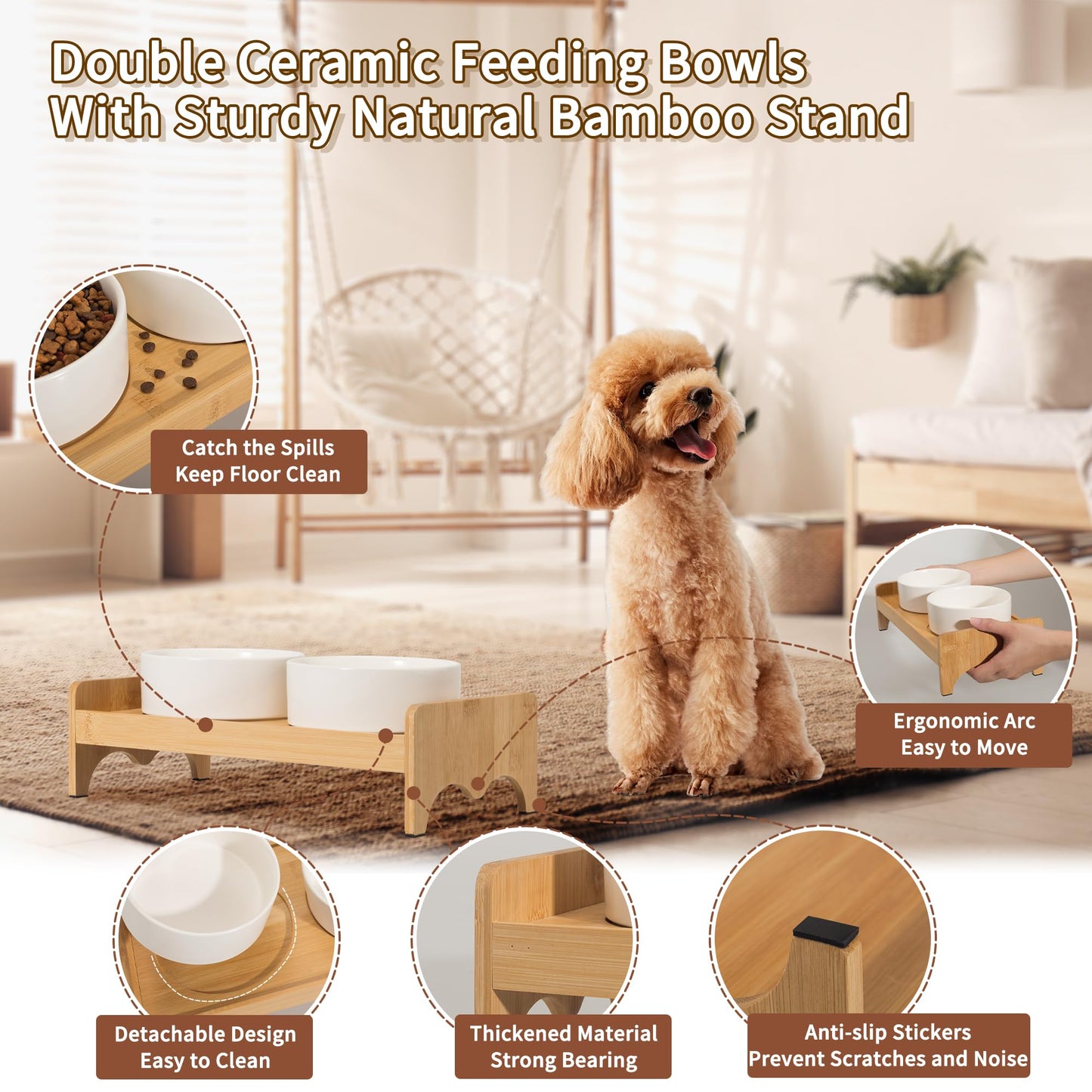 Elevated Ceramic Dog Bowl Set - Double Dog Bowls with Bamboo Stand Anti Vomiting - Raised Dog Food and Water Bowl Set - Small Dog Feeding Bowls - Pet Dishes for Cats and Puppies - 16.23 OZ - 2 Cups