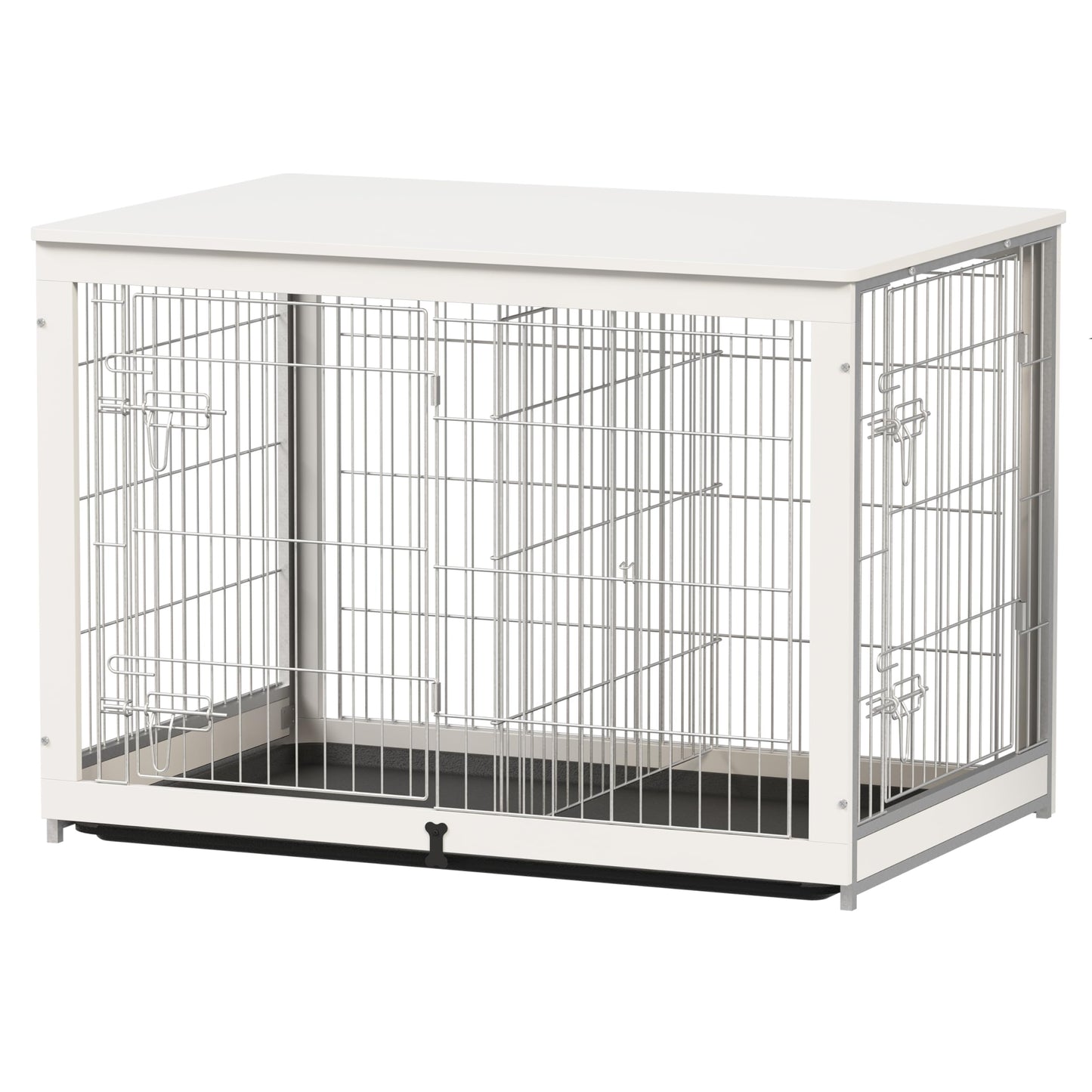 Piskyet Wooden Dog Crate Furniture with Divider Panel, Dog Crate End Table with Fixable Slide Tray, Double Doors Dog Kennel Indoor for Dogs(L:37.8" L*25.1" W*26.3" H,White)