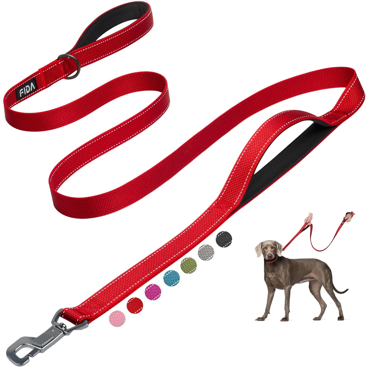 Fida 4 FT Heavy Duty Dog Leash with 2 Comfortable Padded Handles, Traffic Handle & Advanced Easy Snap Hook, Reflective Walking Lead for Large, Medium & Small Breed Dogs, Red