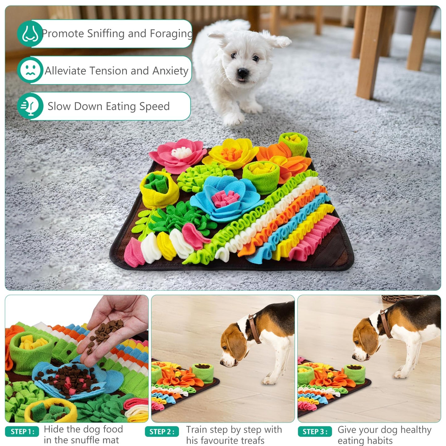 ORIA Snuffle Mat for Dogs, Interactive Sniff Mat for Boredom, Slow Eating, Keep Busy, Encourages Natural Foraging Skills, Dog Puzzle Toys for Dogs Cats Rabbits, 15x15 inch