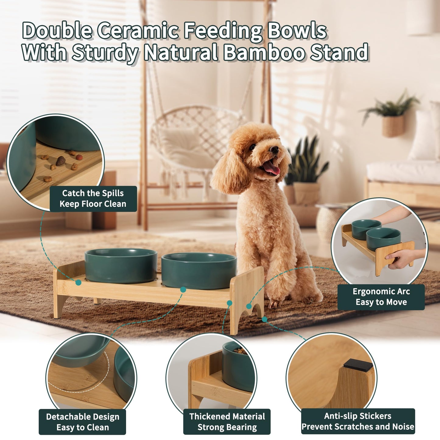 Elevated Ceramic Dog Bowl Set - Double Dog Bowls with Bamboo Stand Anti Vomiting - Raised Dog Food and Water Bowl Set - Small Dog Feeding Bowls - Pet Dishes for Cats and Puppies - 16.23 OZ - 2 Cups