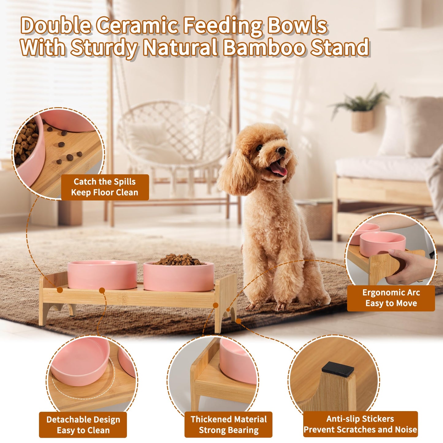 Elevated Ceramic Dog Bowl Set - Double Dog Bowls with Bamboo Stand Anti Vomiting - Raised Dog Food and Water Bowl Set - Small Dog Feeding Bowls - Pet Dishes for Cats and Puppies - 16.23 OZ - 2 Cups