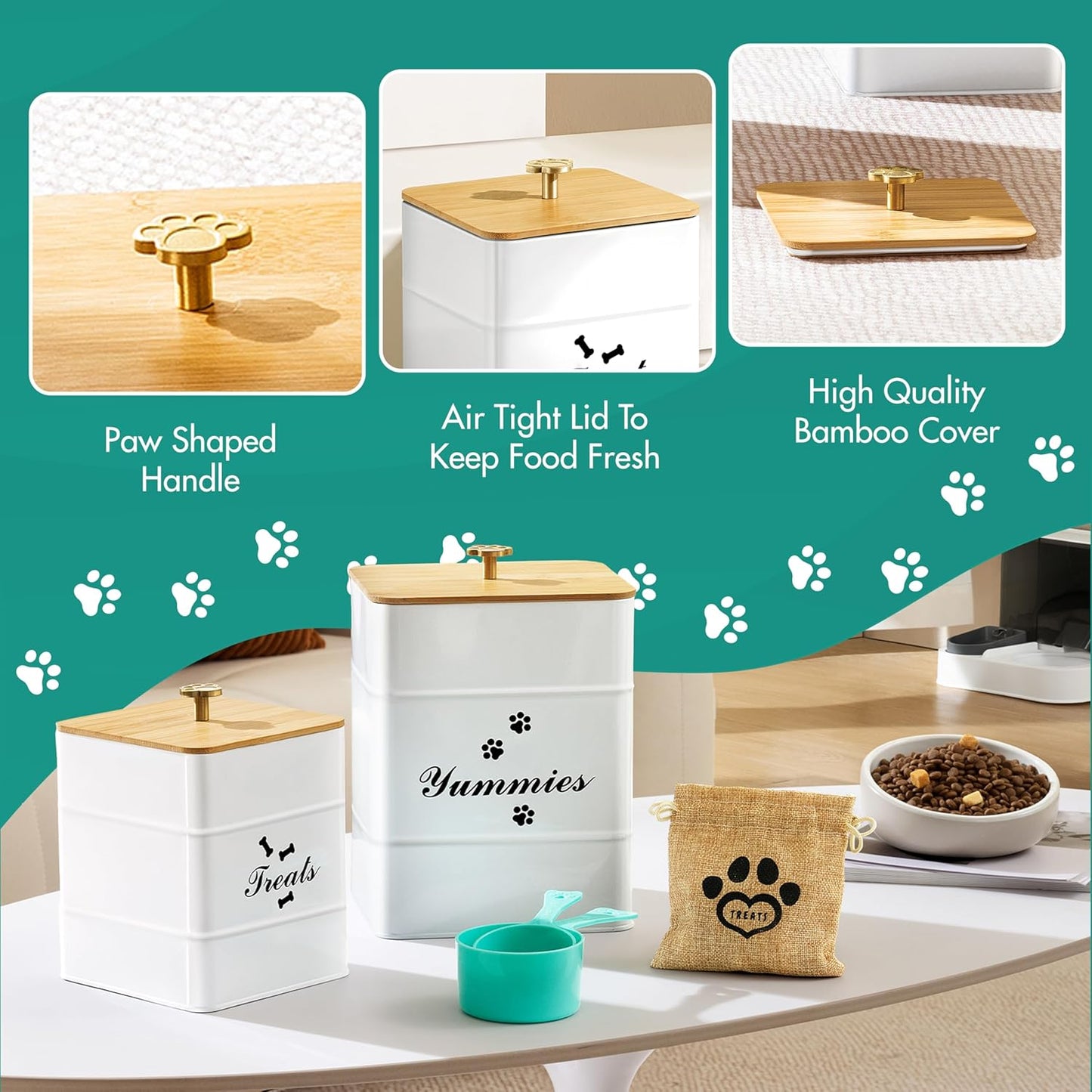 2-Piece Dog Treat Storage Container Set - Large & Small Jars with Airtight Lids, Cute Dog Treat Jars for Kitchen Counter, White | Functional Treat Canisters with Bonus: Treat Spoons and treat bag.