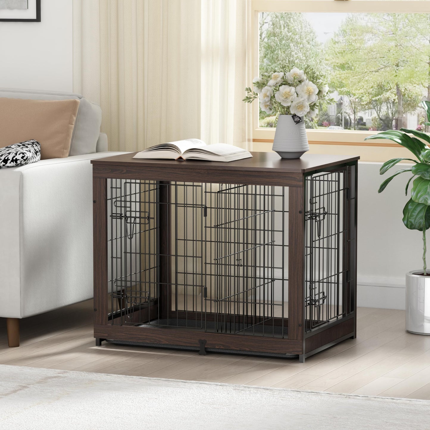 Piskyet Wooden Dog Crate Furniture with Divider Panel, Dog Crate End Table with Fixable Slide Tray, Double Doors Dog Kennel Indoor for Dogs(L:37.8" L*25.1" W*26.3" H,White)