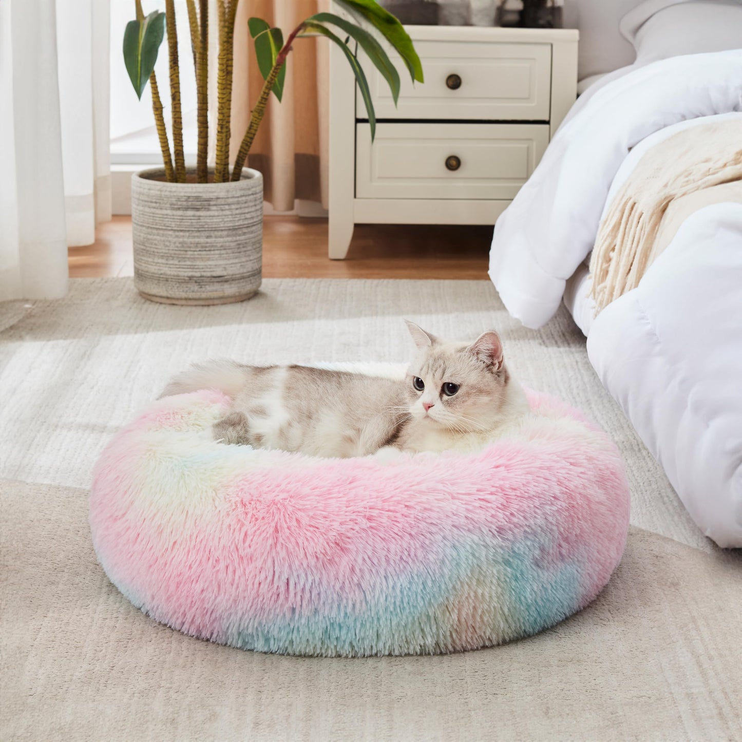 WESTERN HOME WH Calming Dog & Cat Bed, Anti-Anxiety Donut Cuddler Warming Cozy Soft Round Bed, Fluffy Faux Fur Plush Cushion Bed for Small Medium Dogs and Cats (20"/24"/27"/30")