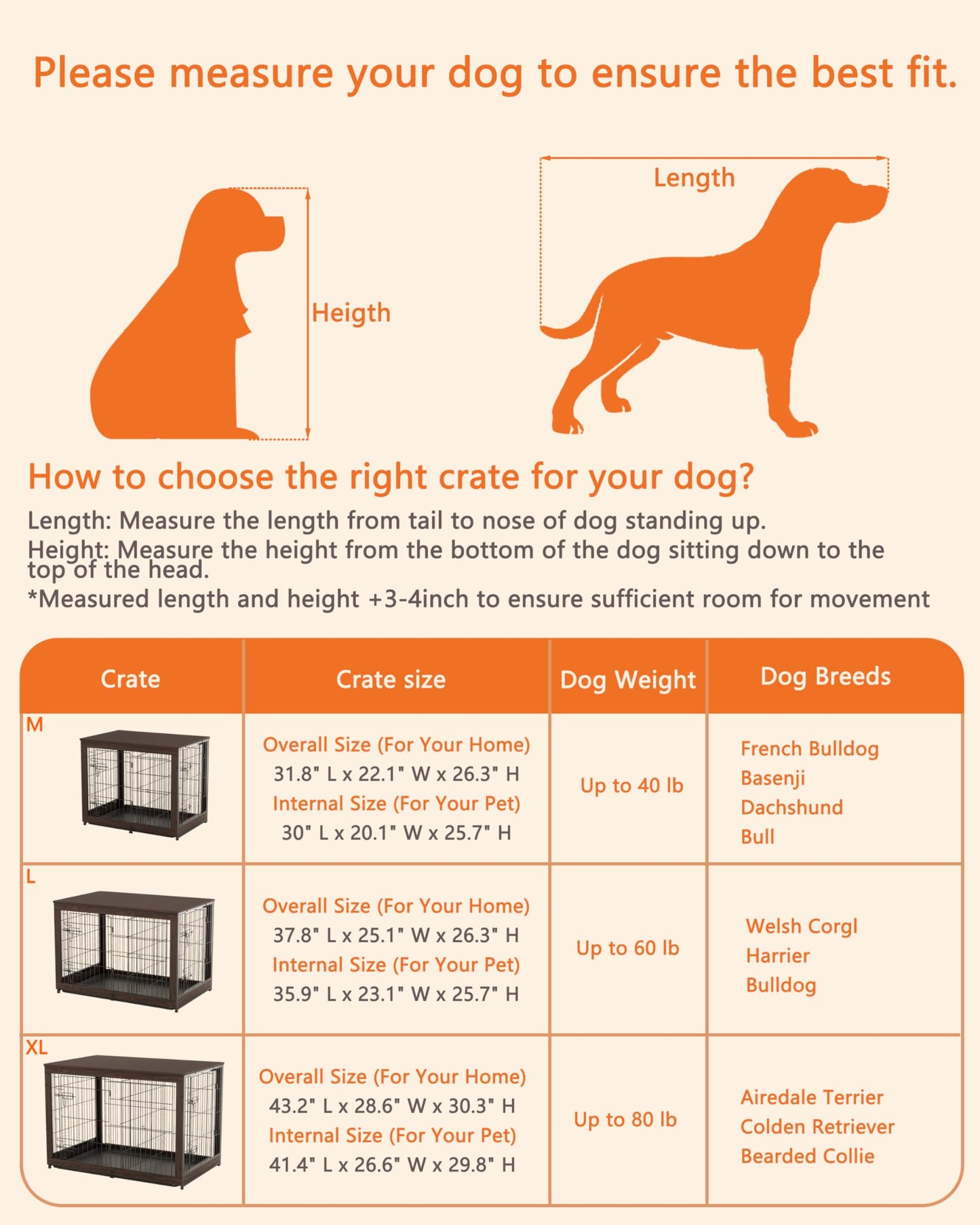 Piskyet Wooden Dog Crate Furniture with Divider Panel, Dog Crate End Table with Fixable Slide Tray, Double Doors Dog Kennel Indoor for Dogs(L:37.8" L*25.1" W*26.3" H,White)