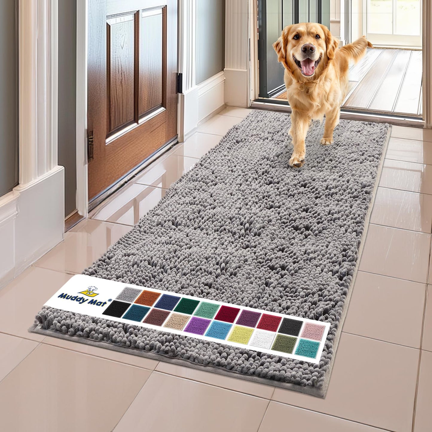 Muddy Mat® Shown on TV – Super Absorbent Microfiber Dog Door Mat for Muddy Paws, Non-Slip Washable Pet Rug, Quick Dry Chenille Entryway Carpet, Machine Washable Indoor Outdoor mat, Beige 28"x18"