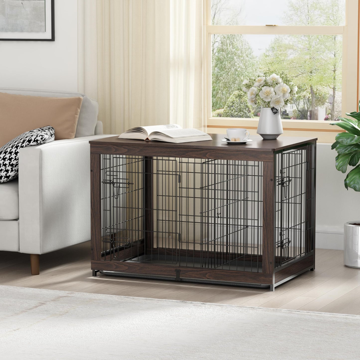 Piskyet Wooden Dog Crate Furniture with Divider Panel, Dog Crate End Table with Fixable Slide Tray, Double Doors Dog Kennel Indoor for Dogs(L:37.8" L*25.1" W*26.3" H,White)