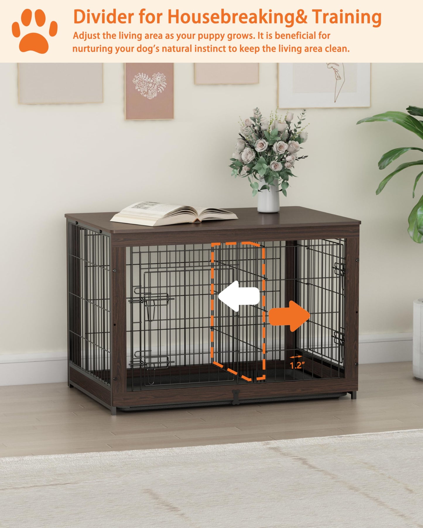 Piskyet Wooden Dog Crate Furniture with Divider Panel, Dog Crate End Table with Fixable Slide Tray, Double Doors Dog Kennel Indoor for Dogs(L:37.8" L*25.1" W*26.3" H,White)