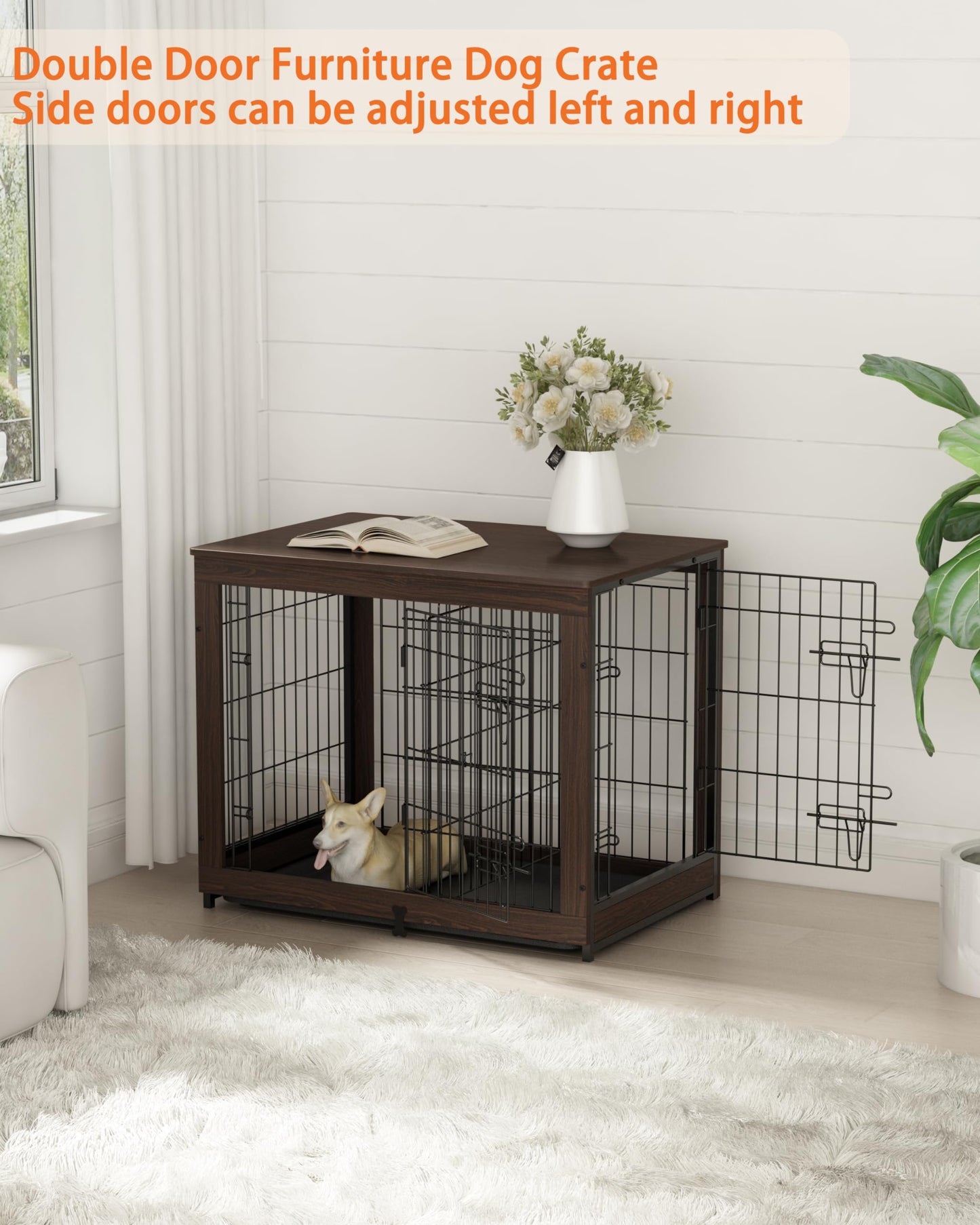 Piskyet Wooden Dog Crate Furniture with Divider Panel, Dog Crate End Table with Fixable Slide Tray, Double Doors Dog Kennel Indoor for Dogs(L:37.8" L*25.1" W*26.3" H,White)