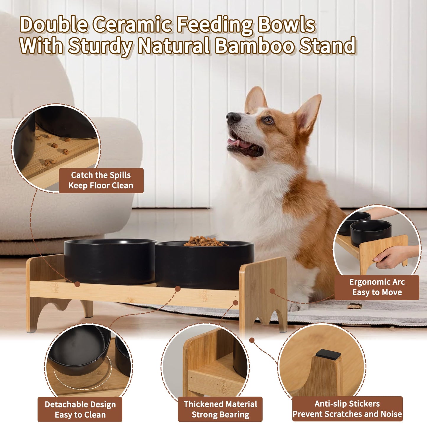 Elevated Ceramic Dog Bowl Set - Double Dog Bowls with Bamboo Stand Anti Vomiting - Raised Dog Food and Water Bowl Set - Small Dog Feeding Bowls - Pet Dishes for Cats and Puppies - 16.23 OZ - 2 Cups