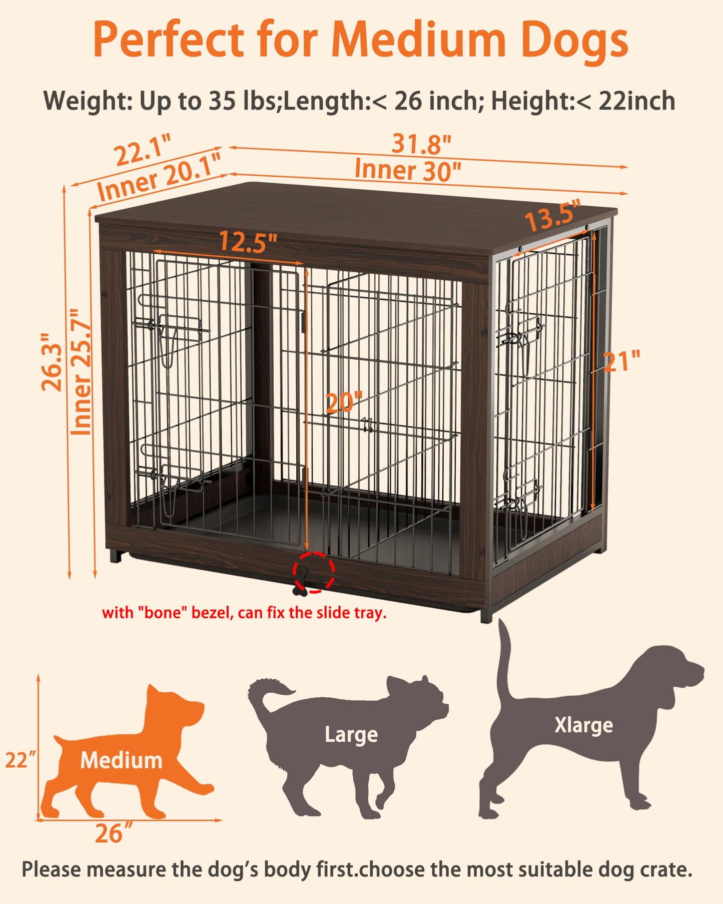 Piskyet Wooden Dog Crate Furniture with Divider Panel, Dog Crate End Table with Fixable Slide Tray, Double Doors Dog Kennel Indoor for Dogs(L:37.8" L*25.1" W*26.3" H,White)