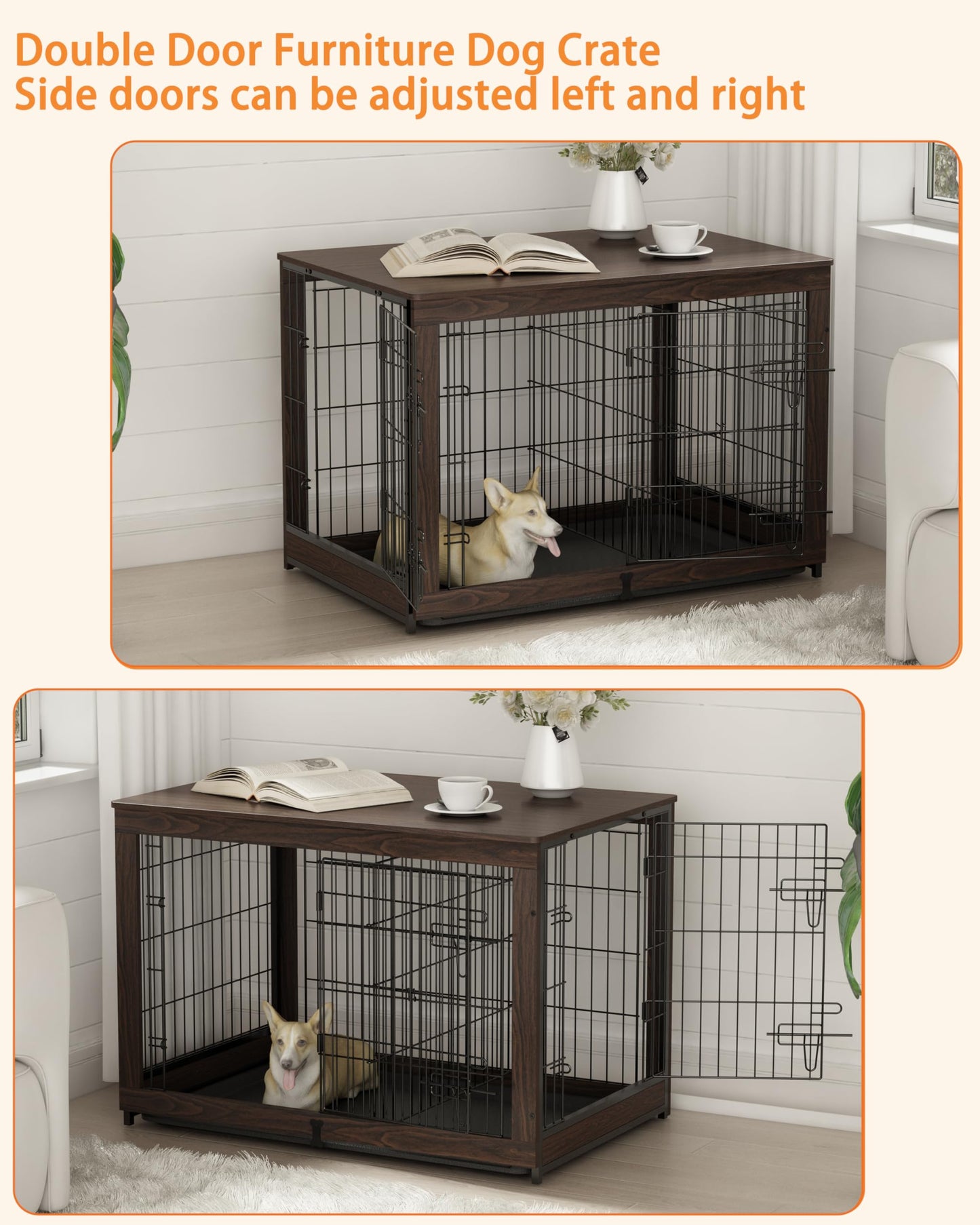 Piskyet Wooden Dog Crate Furniture with Divider Panel, Dog Crate End Table with Fixable Slide Tray, Double Doors Dog Kennel Indoor for Dogs(L:37.8" L*25.1" W*26.3" H,White)