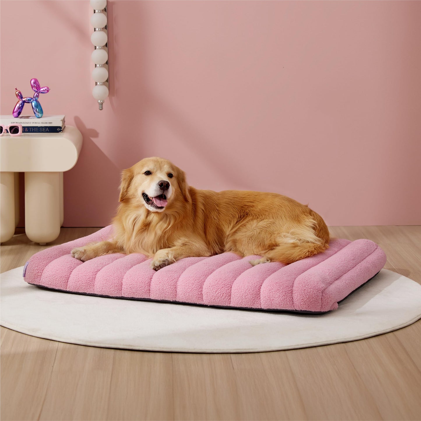 Lesure Cute Orthopedic Dog Bed for Large Dogs, Waterproof Chic Flat Pet Mat with Removable Washable Cover, Fuzzy Thick Egg Crate Foam Pet Mattress for Indoor Use (36" x 27", Cream)