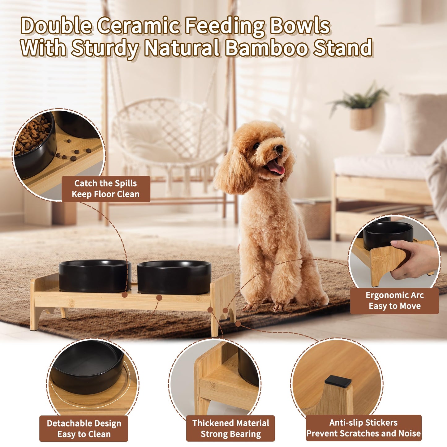 Elevated Ceramic Dog Bowl Set - Double Dog Bowls with Bamboo Stand Anti Vomiting - Raised Dog Food and Water Bowl Set - Small Dog Feeding Bowls - Pet Dishes for Cats and Puppies - 16.23 OZ - 2 Cups