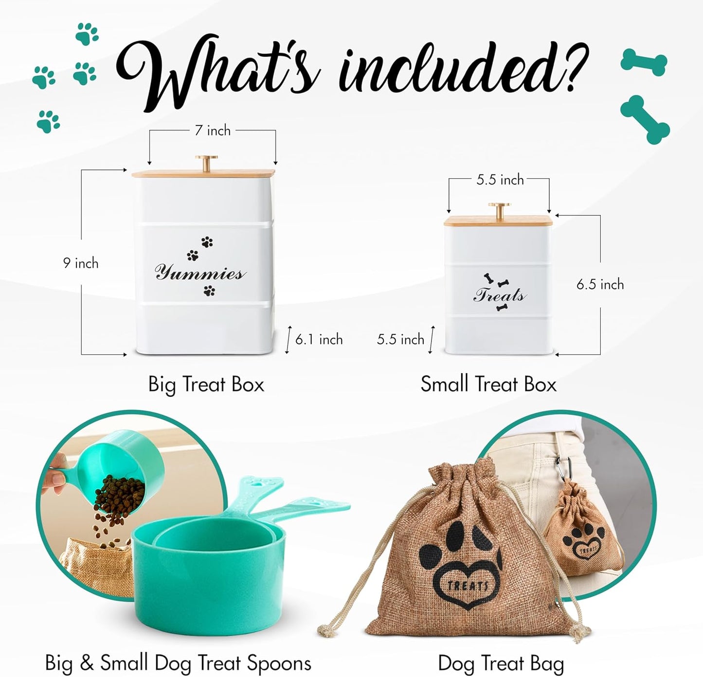 2-Piece Dog Treat Storage Container Set - Large & Small Jars with Airtight Lids, Cute Dog Treat Jars for Kitchen Counter, White | Functional Treat Canisters with Bonus: Treat Spoons and treat bag.