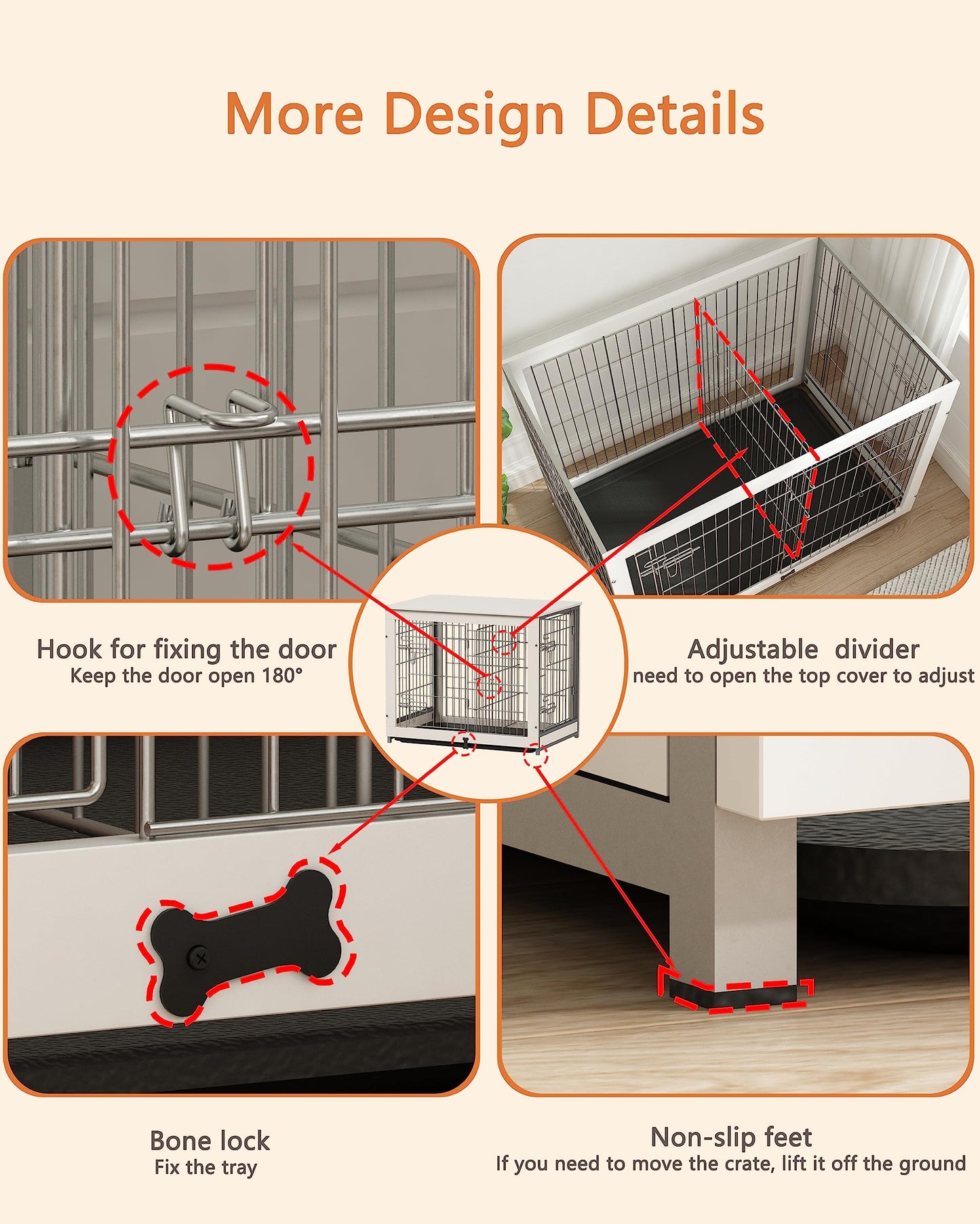 Piskyet Wooden Dog Crate Furniture with Divider Panel, Dog Crate End Table with Fixable Slide Tray, Double Doors Dog Kennel Indoor for Dogs(L:37.8" L*25.1" W*26.3" H,White)