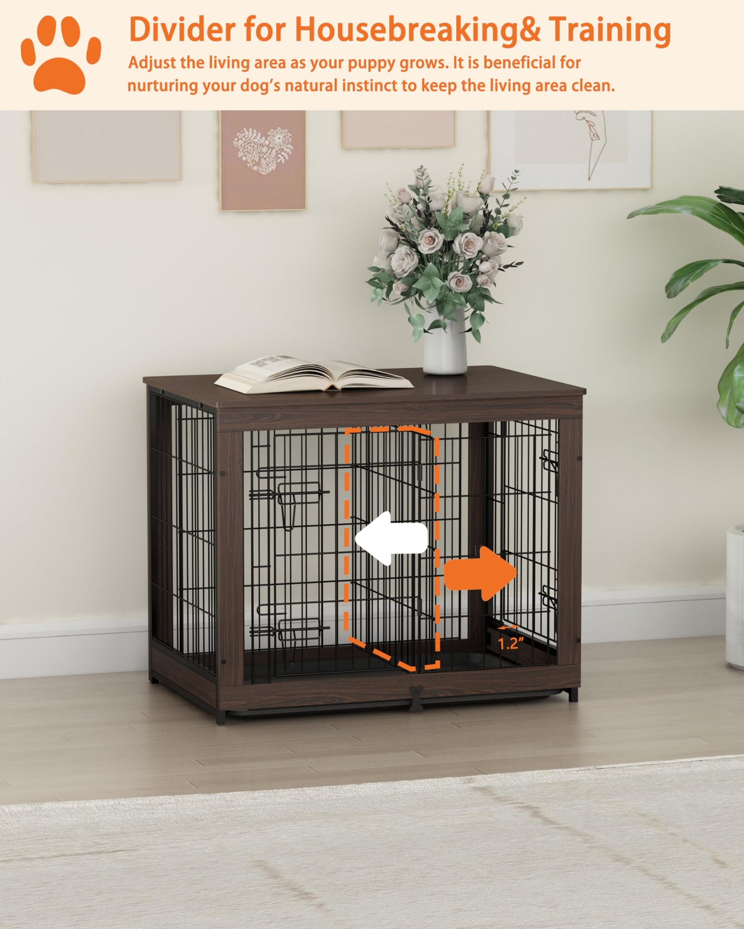 Piskyet Wooden Dog Crate Furniture with Divider Panel, Dog Crate End Table with Fixable Slide Tray, Double Doors Dog Kennel Indoor for Dogs(L:37.8" L*25.1" W*26.3" H,White)