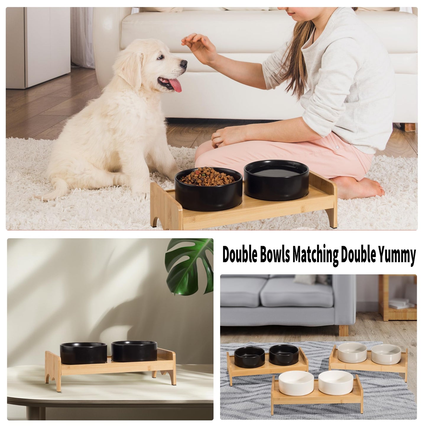 Elevated Ceramic Dog Bowl Set - Double Dog Bowls with Bamboo Stand Anti Vomiting - Raised Dog Food and Water Bowl Set - Small Dog Feeding Bowls - Pet Dishes for Cats and Puppies - 16.23 OZ - 2 Cups