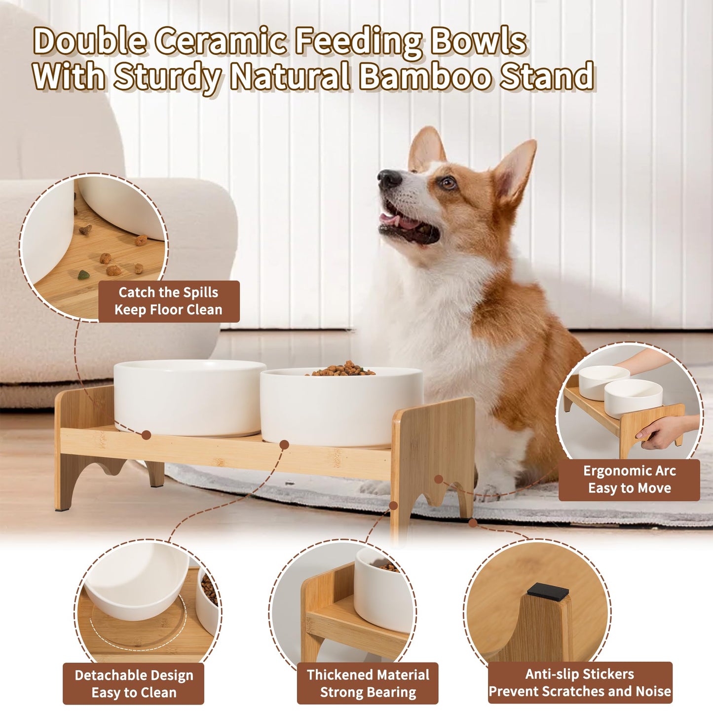 Elevated Ceramic Dog Bowl Set - Double Dog Bowls with Bamboo Stand Anti Vomiting - Raised Dog Food and Water Bowl Set - Small Dog Feeding Bowls - Pet Dishes for Cats and Puppies - 16.23 OZ - 2 Cups