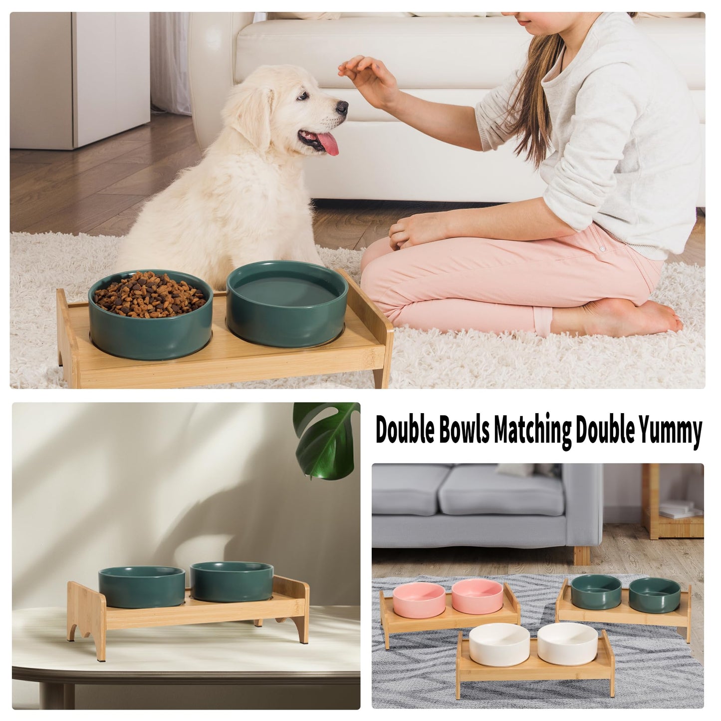 Elevated Ceramic Dog Bowl Set - Double Dog Bowls with Bamboo Stand Anti Vomiting - Raised Dog Food and Water Bowl Set - Small Dog Feeding Bowls - Pet Dishes for Cats and Puppies - 16.23 OZ - 2 Cups