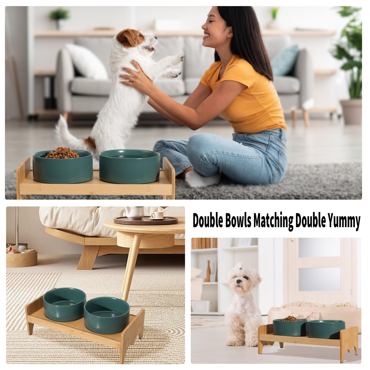 Elevated Ceramic Dog Bowl Set - Double Dog Bowls with Bamboo Stand Anti Vomiting - Raised Dog Food and Water Bowl Set - Small Dog Feeding Bowls - Pet Dishes for Cats and Puppies - 16.23 OZ - 2 Cups