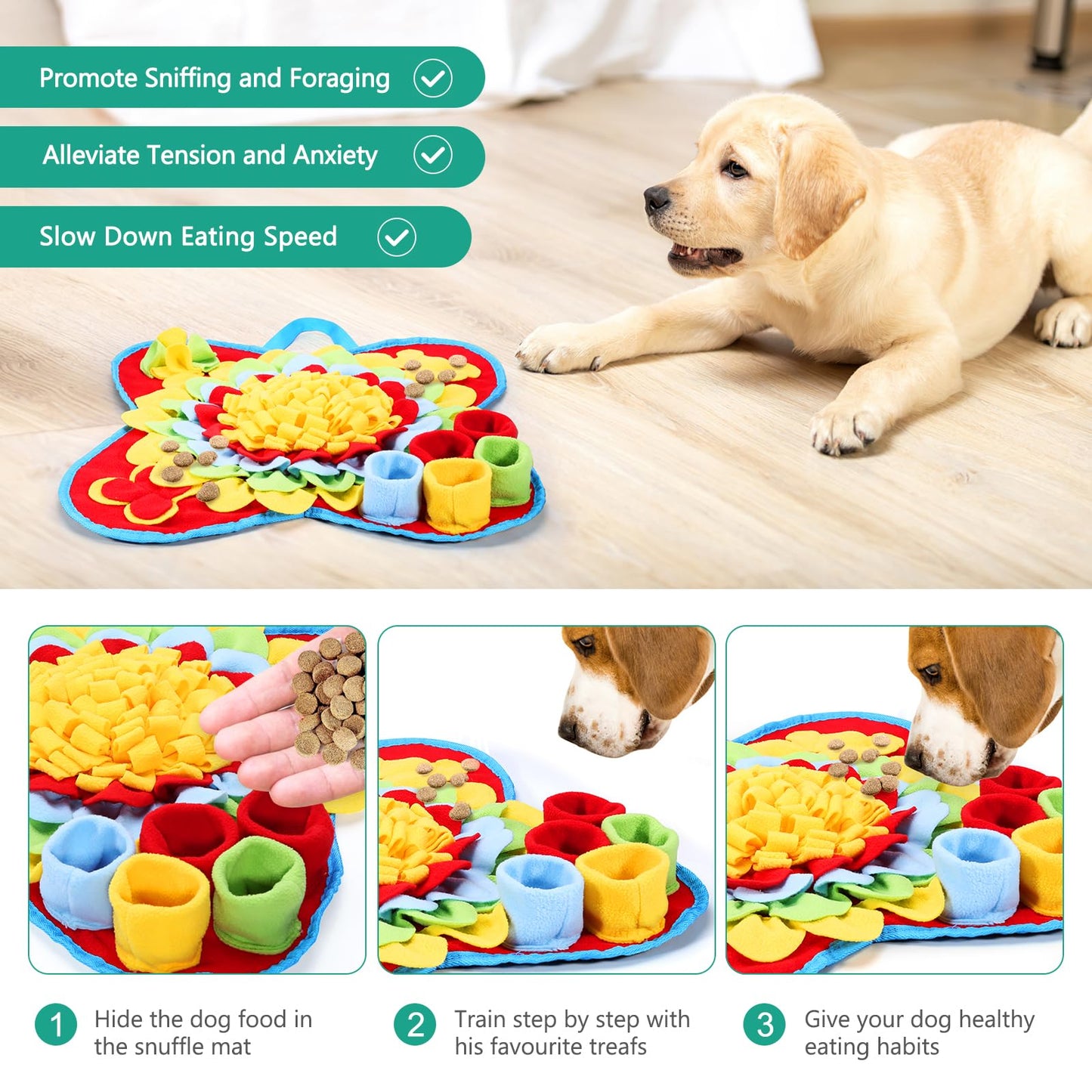 ORIA Snuffle Mat for Dogs, Interactive Sniff Mat for Boredom, Slow Eating, Keep Busy, Encourages Natural Foraging Skills, Dog Puzzle Toys for Dogs Cats Rabbits, 15x15 inch