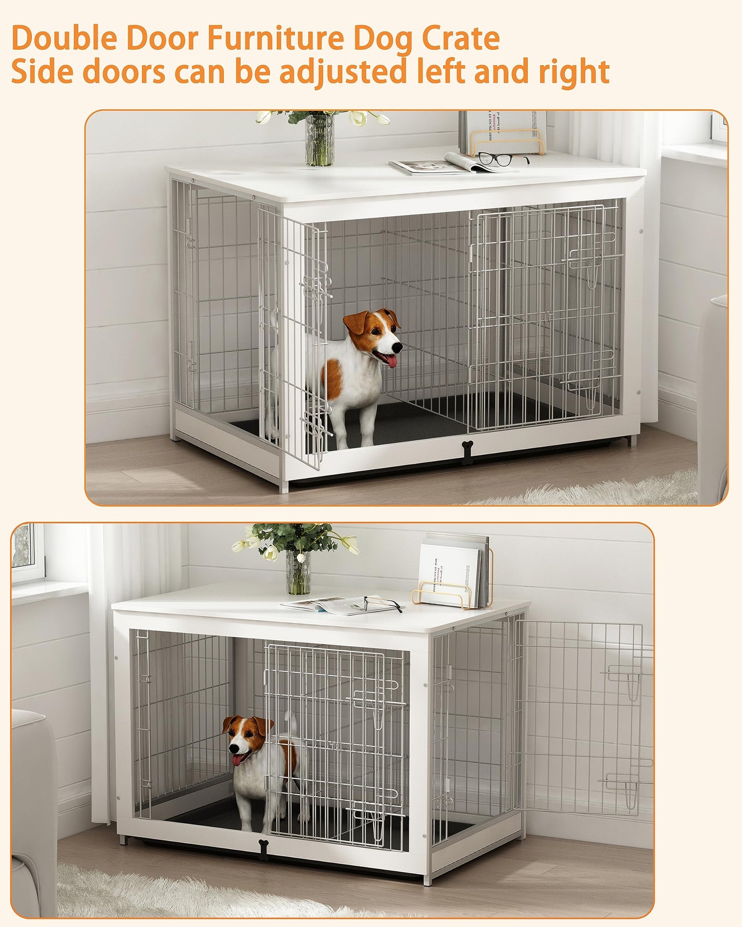 Piskyet Wooden Dog Crate Furniture with Divider Panel, Dog Crate End Table with Fixable Slide Tray, Double Doors Dog Kennel Indoor for Dogs(L:37.8" L*25.1" W*26.3" H,White)