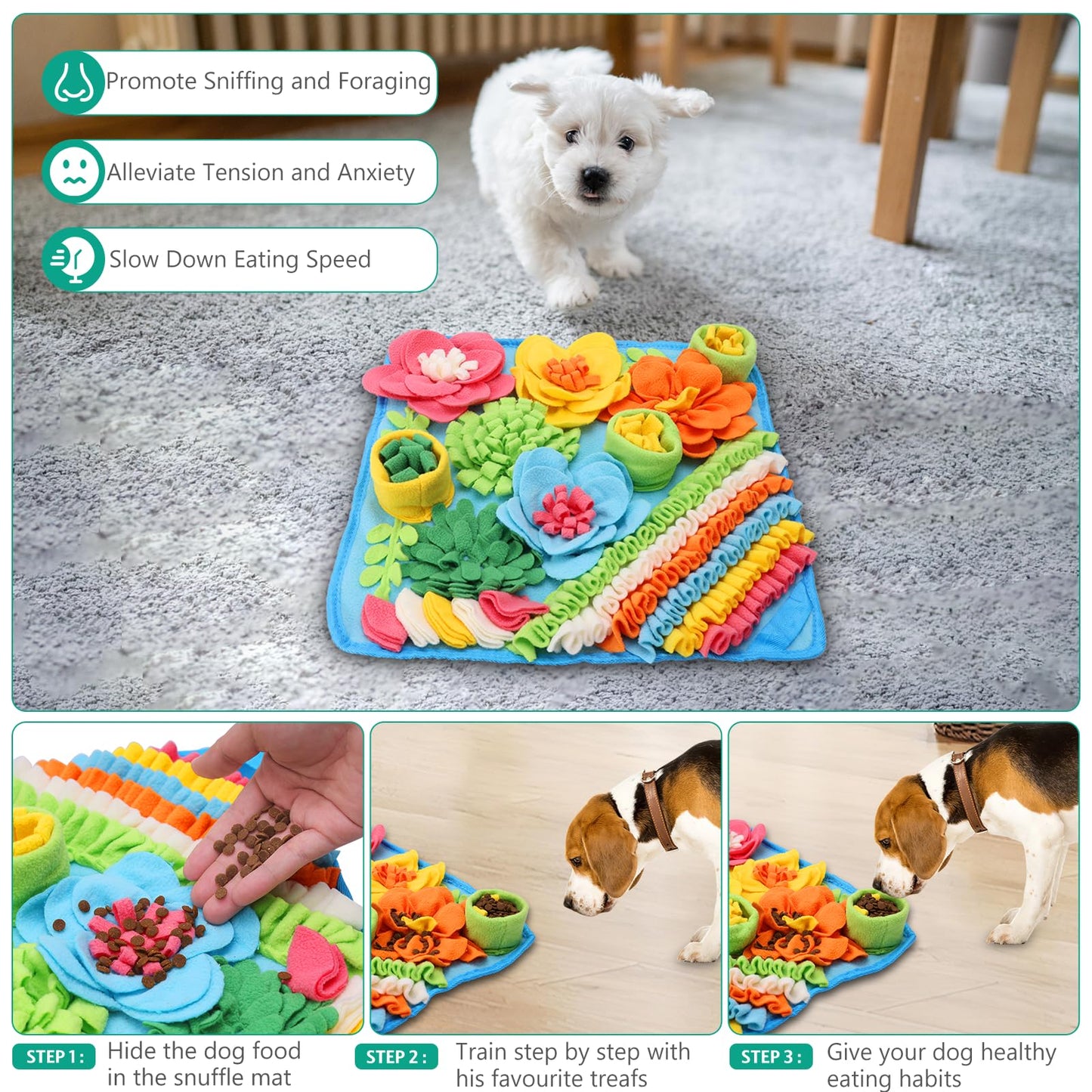 ORIA Snuffle Mat for Dogs, Interactive Sniff Mat for Boredom, Slow Eating, Keep Busy, Encourages Natural Foraging Skills, Dog Puzzle Toys for Dogs Cats Rabbits, 15x15 inch