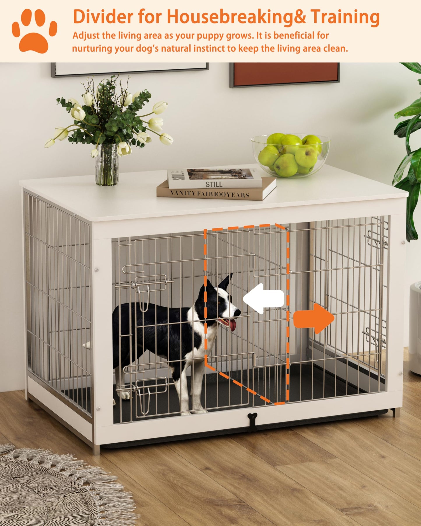 Piskyet Wooden Dog Crate Furniture with Divider Panel, Dog Crate End Table with Fixable Slide Tray, Double Doors Dog Kennel Indoor for Dogs(L:37.8" L*25.1" W*26.3" H,White)