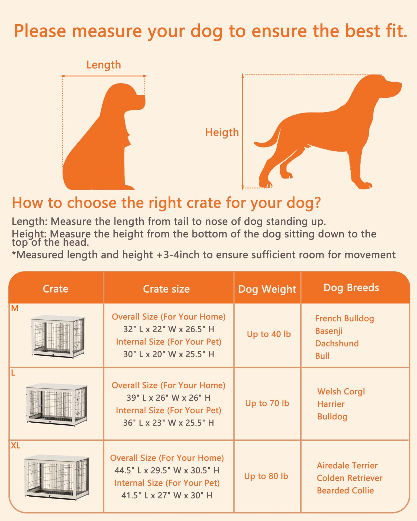 Piskyet Wooden Dog Crate Furniture with Divider Panel, Dog Crate End Table with Fixable Slide Tray, Double Doors Dog Kennel Indoor for Dogs(L:37.8" L*25.1" W*26.3" H,White)