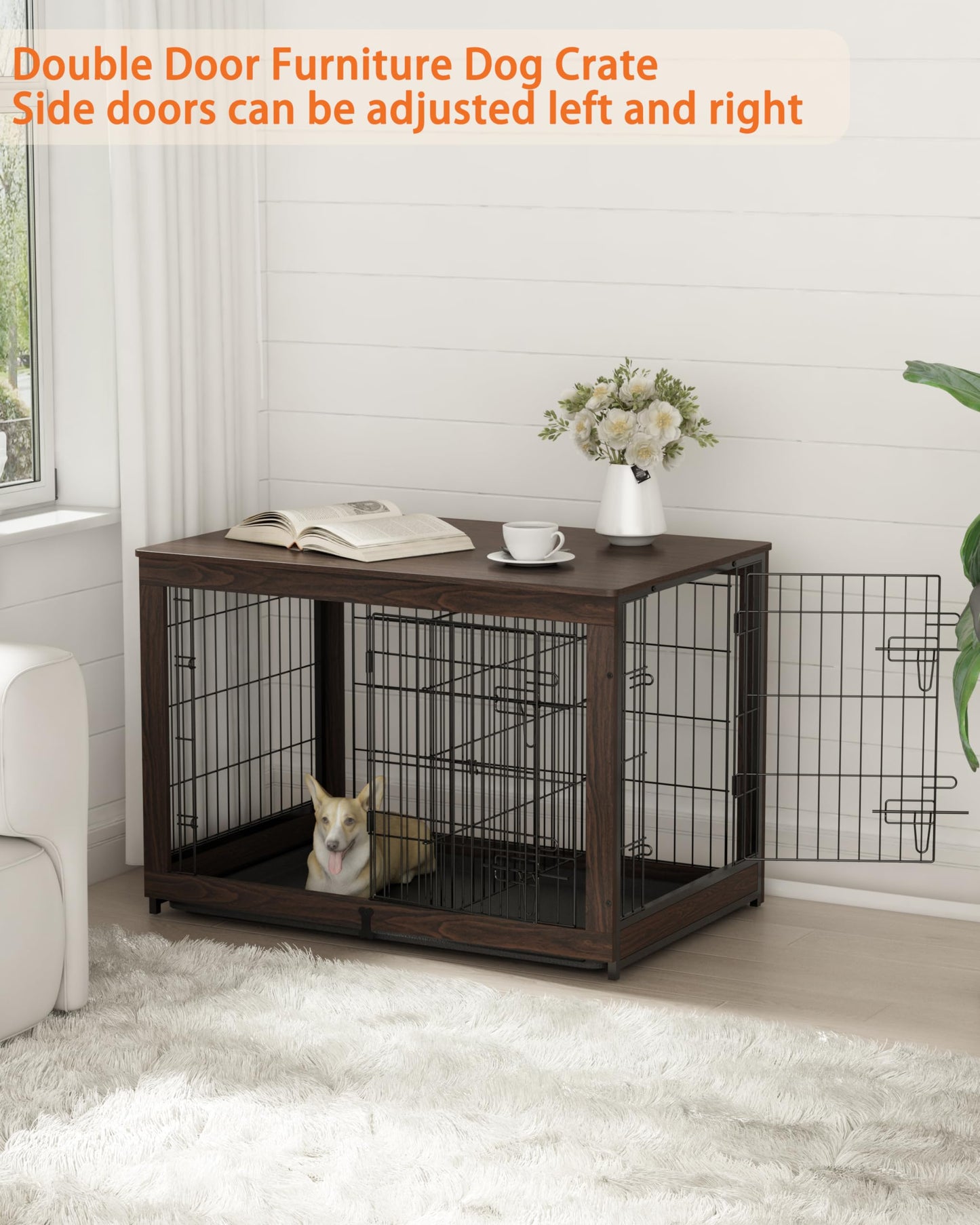 Piskyet Wooden Dog Crate Furniture with Divider Panel, Dog Crate End Table with Fixable Slide Tray, Double Doors Dog Kennel Indoor for Dogs(L:37.8" L*25.1" W*26.3" H,White)