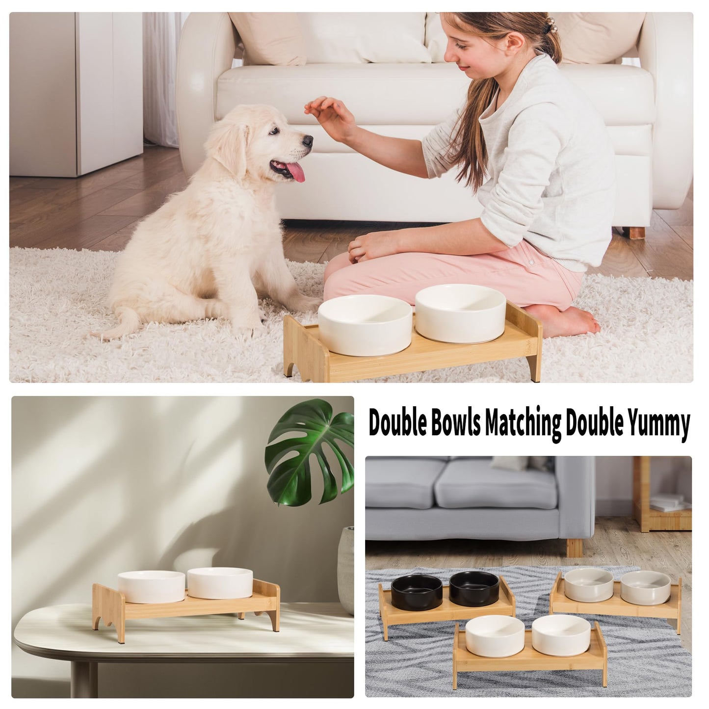 Elevated Ceramic Dog Bowl Set - Double Dog Bowls with Bamboo Stand Anti Vomiting - Raised Dog Food and Water Bowl Set - Small Dog Feeding Bowls - Pet Dishes for Cats and Puppies - 16.23 OZ - 2 Cups