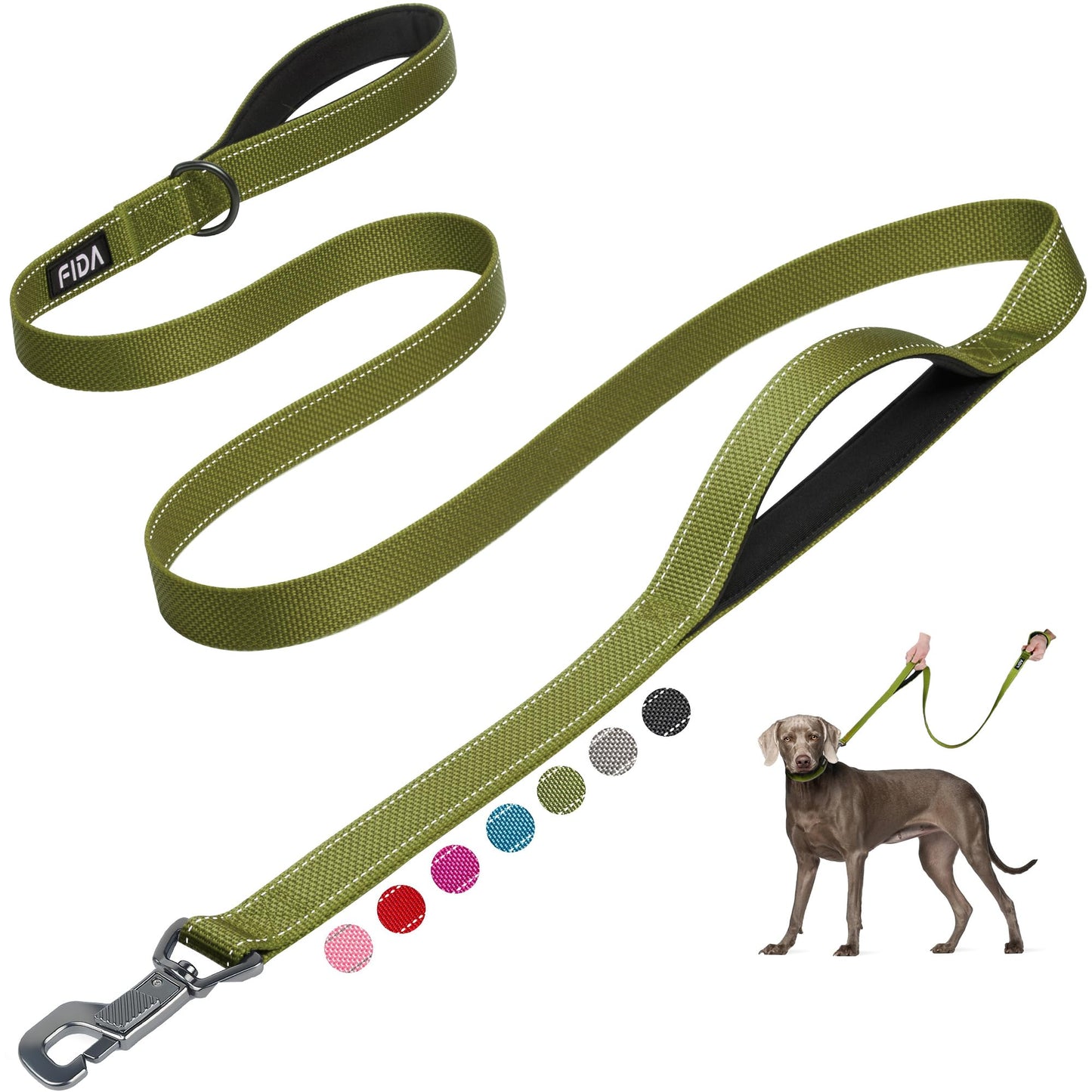 Fida 4 FT Heavy Duty Dog Leash with 2 Comfortable Padded Handles, Traffic Handle & Advanced Easy Snap Hook, Reflective Walking Lead for Large, Medium & Small Breed Dogs, Red