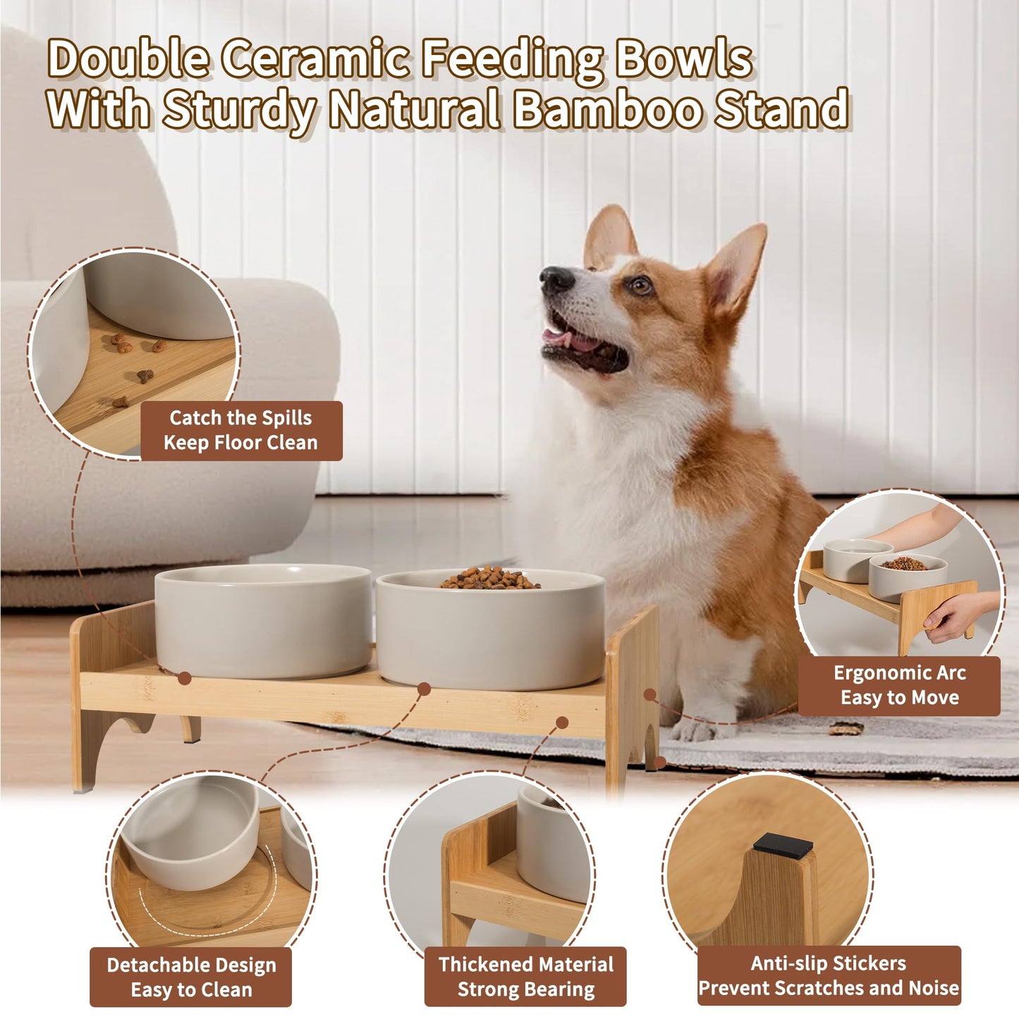 Elevated Ceramic Dog Bowl Set - Double Dog Bowls with Bamboo Stand Anti Vomiting - Raised Dog Food and Water Bowl Set - Small Dog Feeding Bowls - Pet Dishes for Cats and Puppies - 16.23 OZ - 2 Cups