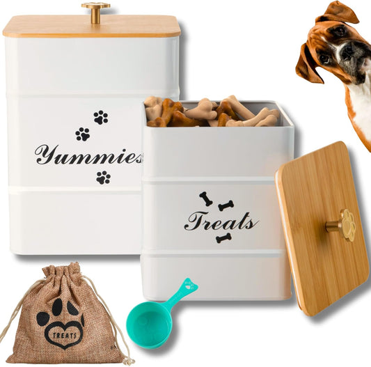 2-Piece Dog Treat Storage Container Set - Large & Small Jars with Airtight Lids, Cute Dog Treat Jars for Kitchen Counter, White | Functional Treat Canisters with Bonus: Treat Spoons and treat bag.