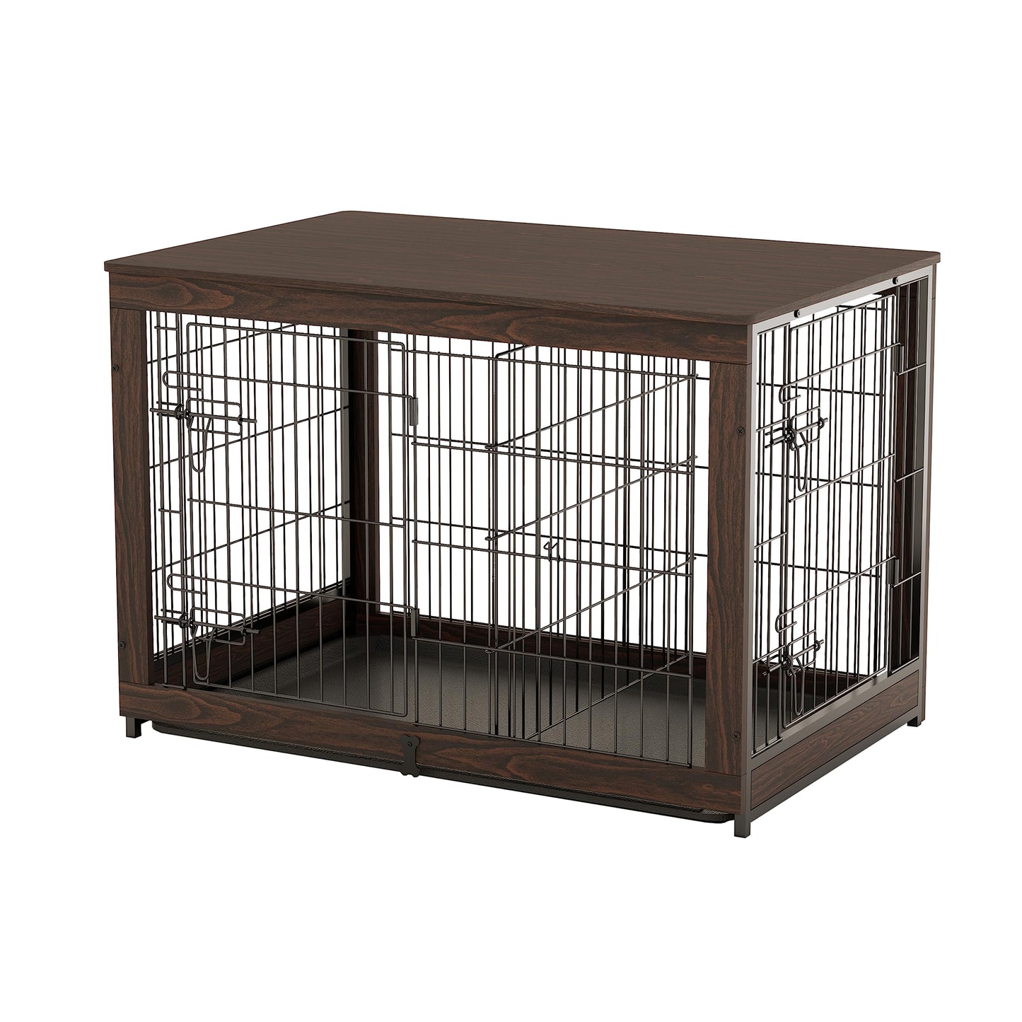 Piskyet Wooden Dog Crate Furniture with Divider Panel, Dog Crate End Table with Fixable Slide Tray, Double Doors Dog Kennel Indoor for Dogs(L:37.8" L*25.1" W*26.3" H,White)