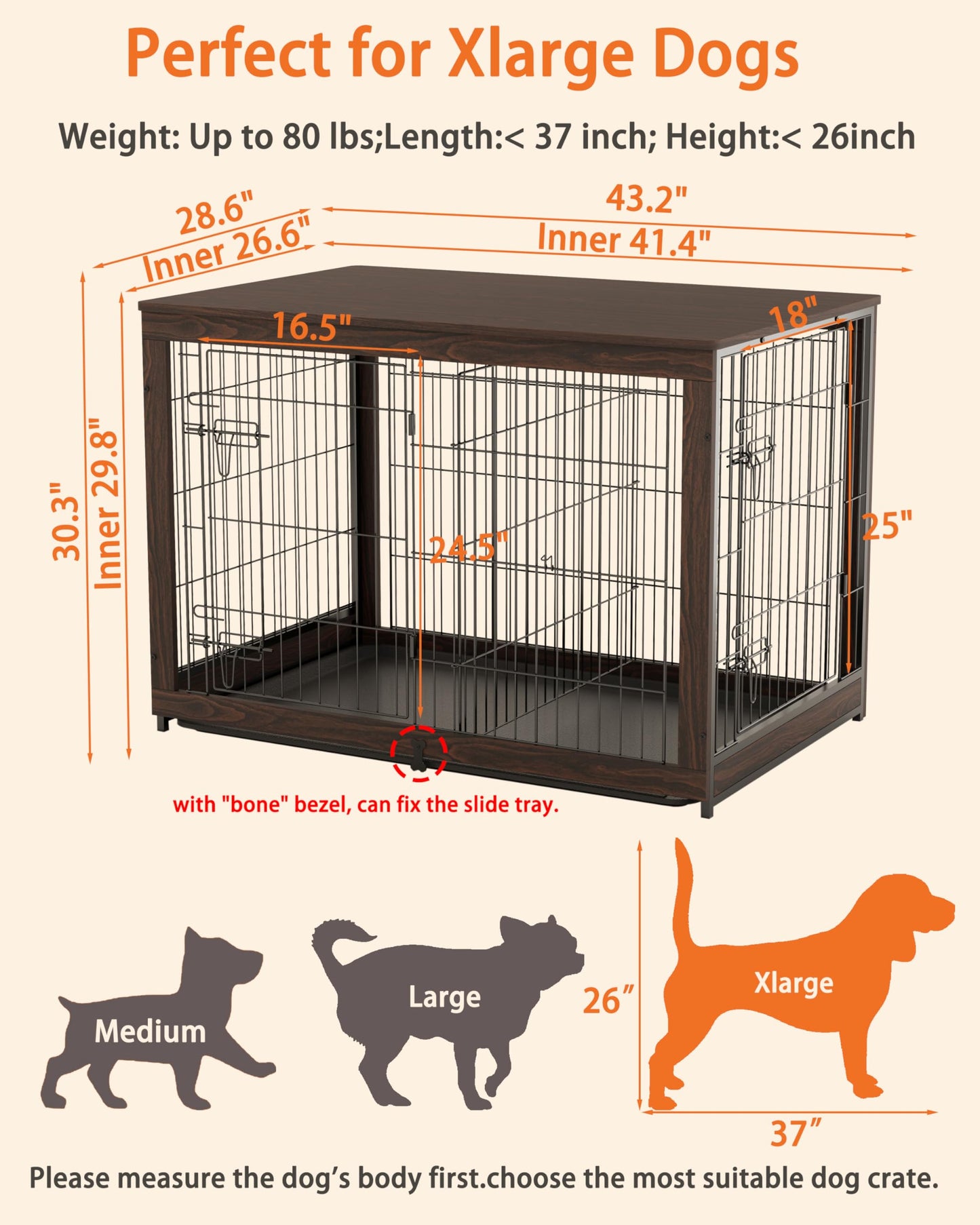 Piskyet Wooden Dog Crate Furniture with Divider Panel, Dog Crate End Table with Fixable Slide Tray, Double Doors Dog Kennel Indoor for Dogs(L:37.8" L*25.1" W*26.3" H,White)