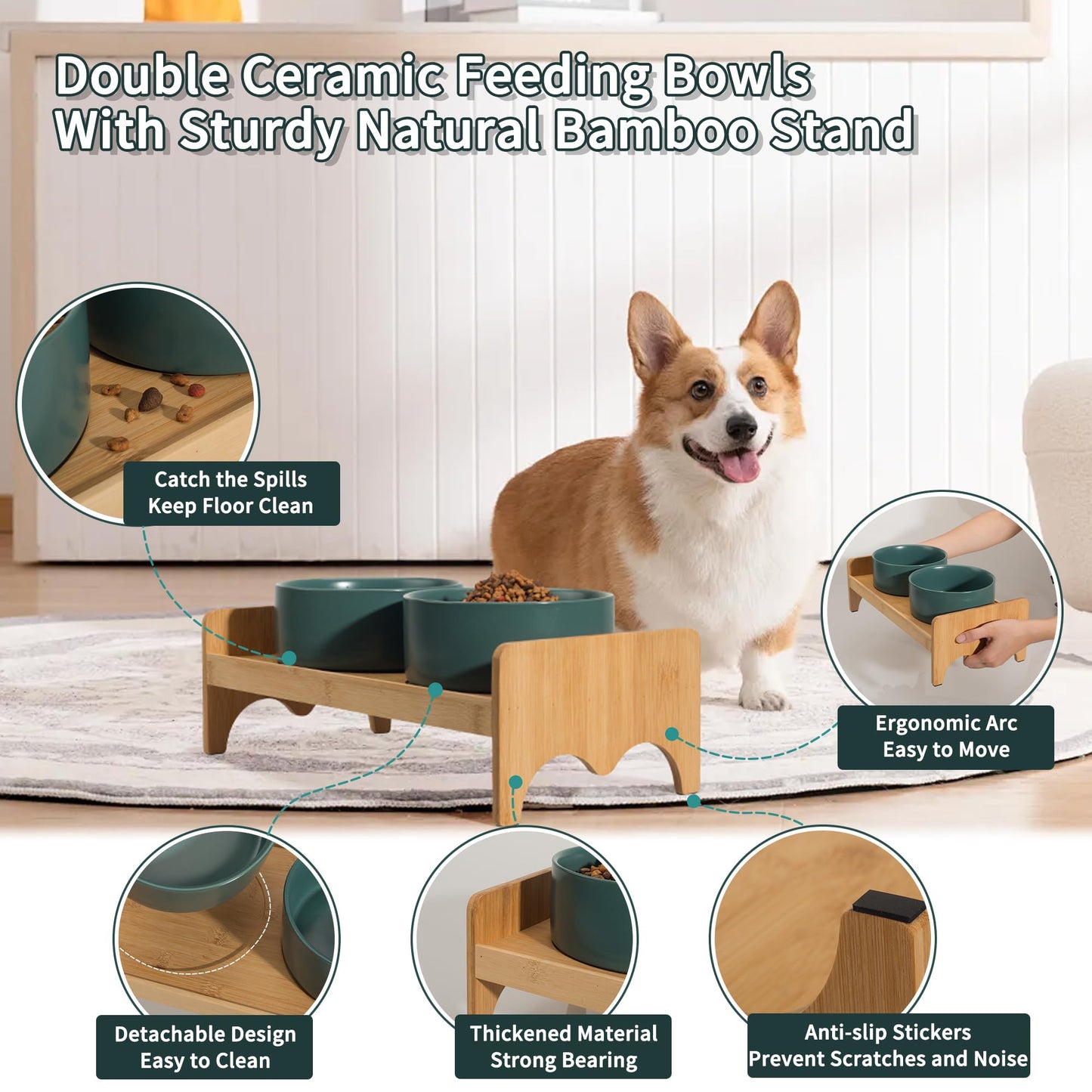 Elevated Ceramic Dog Bowl Set - Double Dog Bowls with Bamboo Stand Anti Vomiting - Raised Dog Food and Water Bowl Set - Small Dog Feeding Bowls - Pet Dishes for Cats and Puppies - 16.23 OZ - 2 Cups