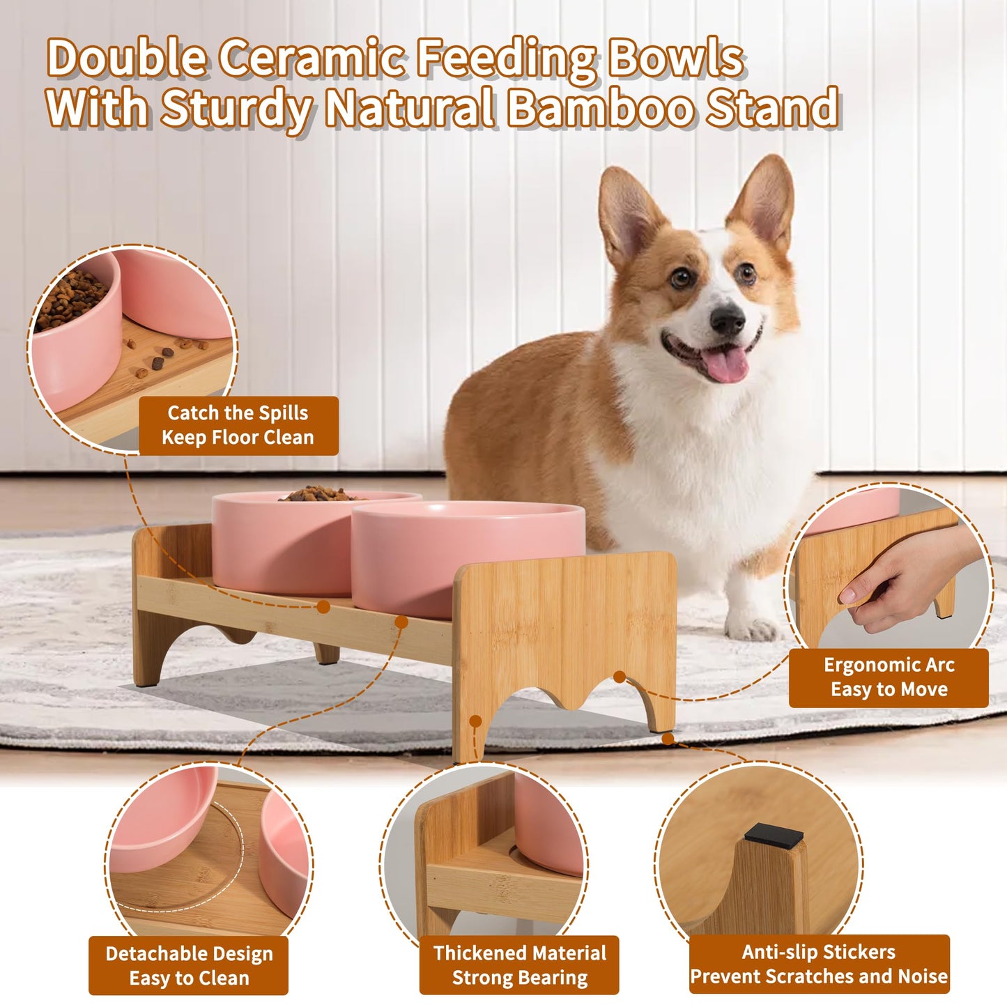 Elevated Ceramic Dog Bowl Set - Double Dog Bowls with Bamboo Stand Anti Vomiting - Raised Dog Food and Water Bowl Set - Small Dog Feeding Bowls - Pet Dishes for Cats and Puppies - 16.23 OZ - 2 Cups