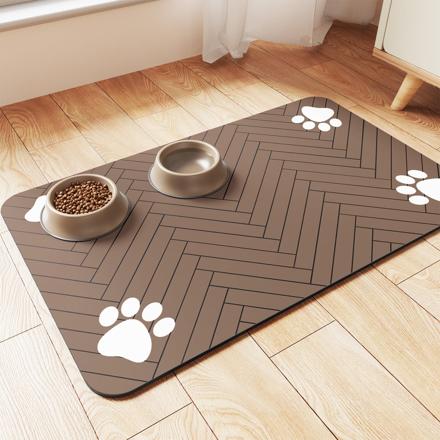 Pet Feeding Mat-Absorbent Pet Placemat for Food and Water Bowl, with Waterproof Rubber Backing, Quick Dry Water Dispenser Mat for Dog and Cat (12"x20", Striped Dark Gray)