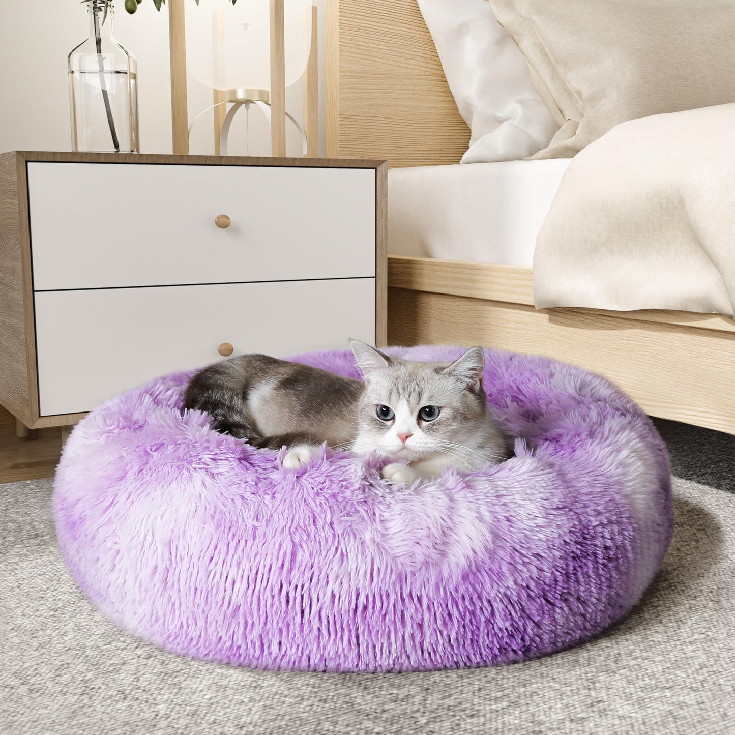 WESTERN HOME WH Calming Dog & Cat Bed, Anti-Anxiety Donut Cuddler Warming Cozy Soft Round Bed, Fluffy Faux Fur Plush Cushion Bed for Small Medium Dogs and Cats (20"/24"/27"/30")