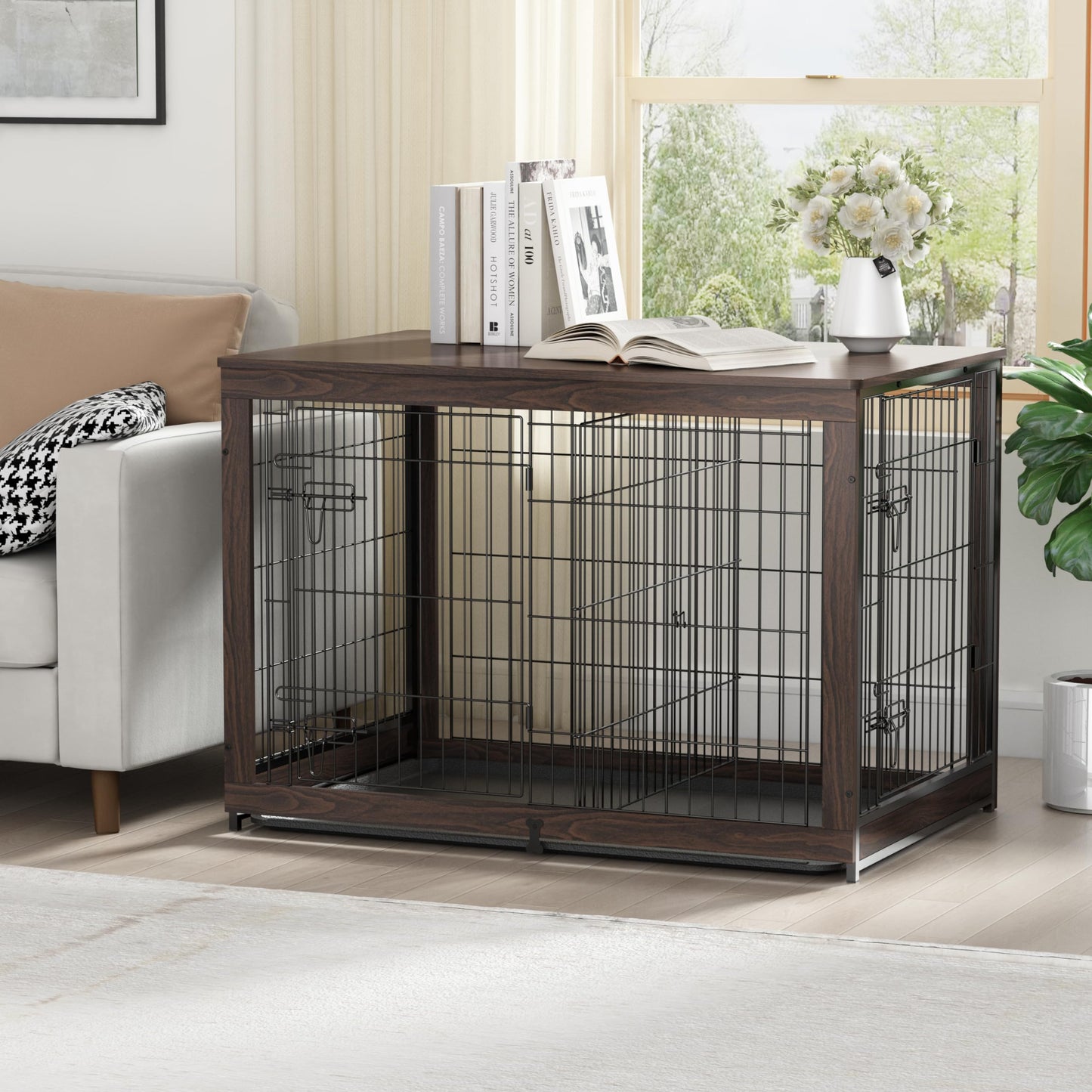 Piskyet Wooden Dog Crate Furniture with Divider Panel, Dog Crate End Table with Fixable Slide Tray, Double Doors Dog Kennel Indoor for Dogs(L:37.8" L*25.1" W*26.3" H,White)