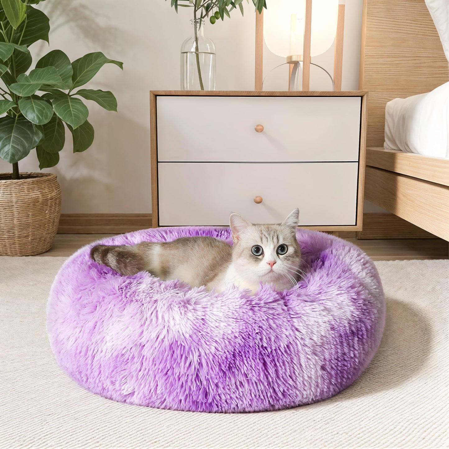 WESTERN HOME WH Calming Dog & Cat Bed, Anti-Anxiety Donut Cuddler Warming Cozy Soft Round Bed, Fluffy Faux Fur Plush Cushion Bed for Small Medium Dogs and Cats (20"/24"/27"/30")