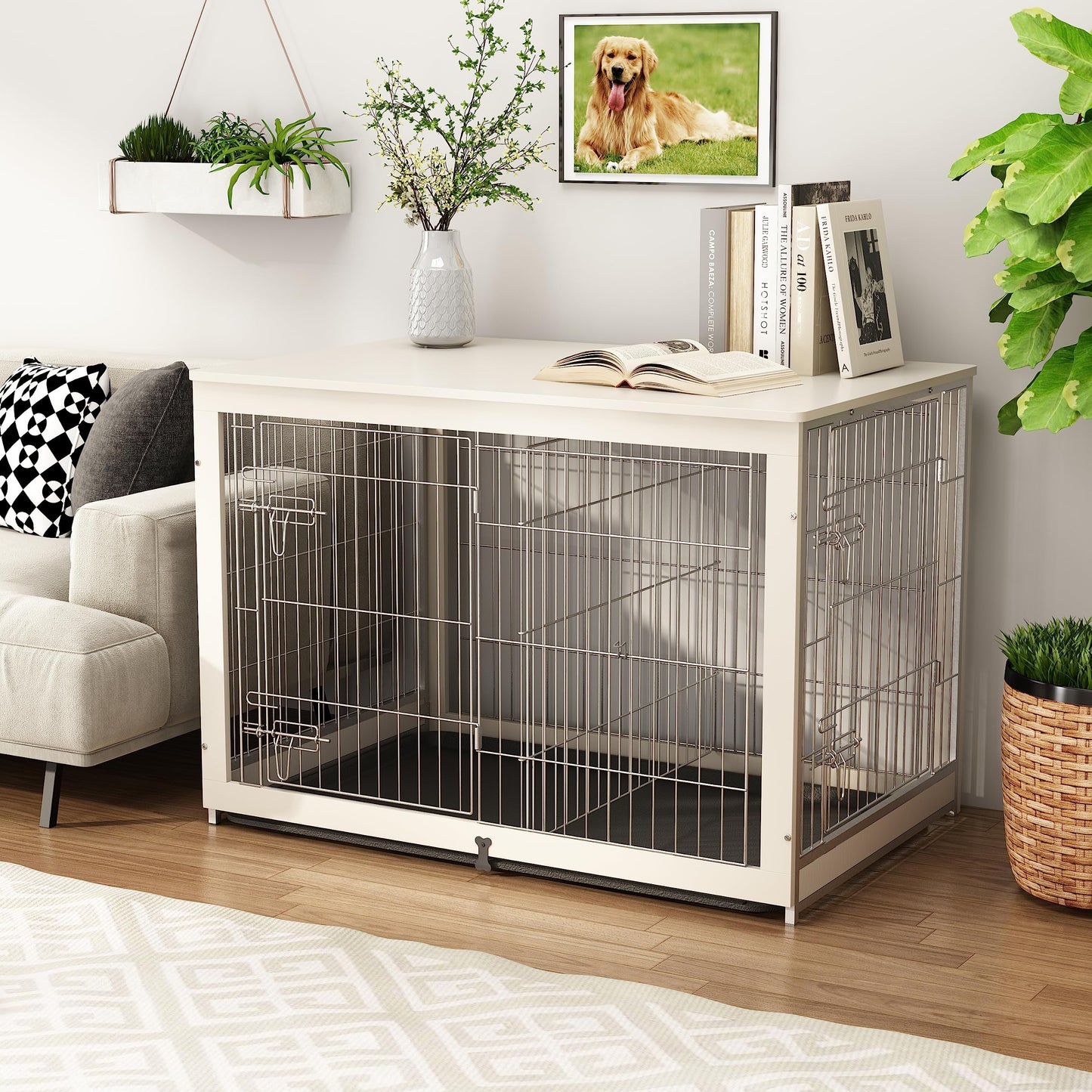 Piskyet Wooden Dog Crate Furniture with Divider Panel, Dog Crate End Table with Fixable Slide Tray, Double Doors Dog Kennel Indoor for Dogs(L:37.8" L*25.1" W*26.3" H,White)