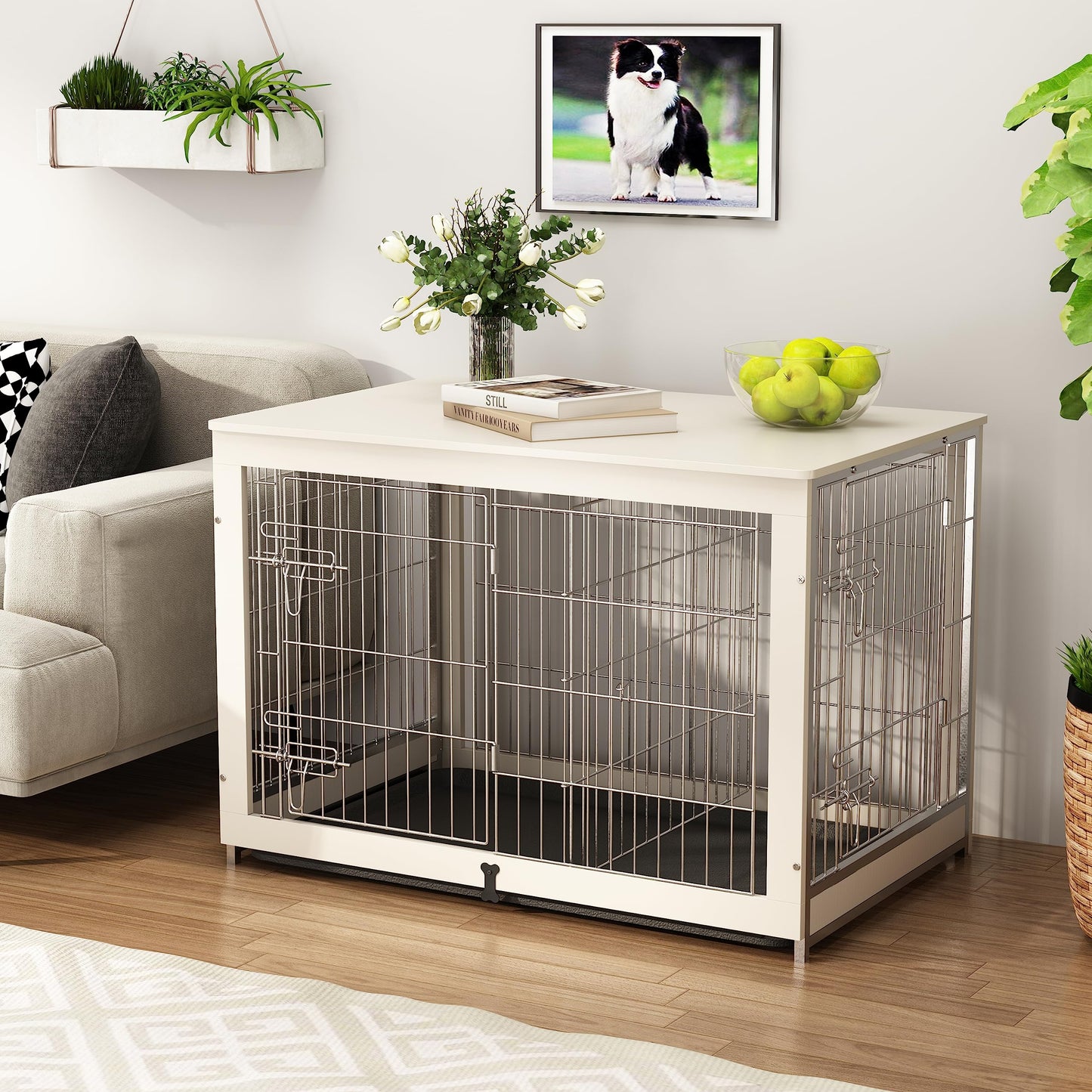 Piskyet Wooden Dog Crate Furniture with Divider Panel, Dog Crate End Table with Fixable Slide Tray, Double Doors Dog Kennel Indoor for Dogs(L:37.8" L*25.1" W*26.3" H,White)